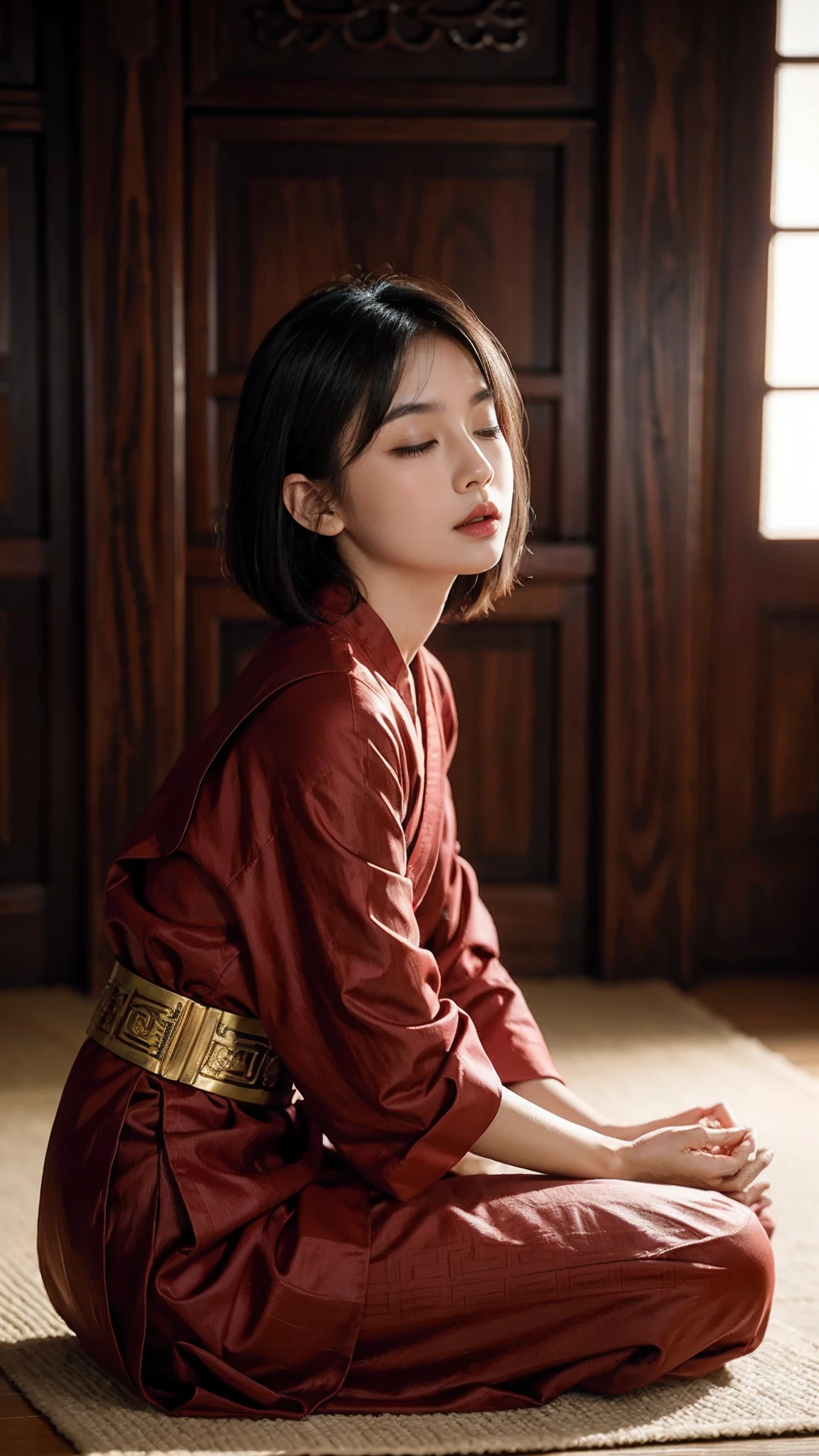 (Tomboyish,small head), (short-length straighthair: 1.2), Black hair,（极其细致的CG 8k壁纸），（Extremely refined and beautiful），（tmasterpiece），（best qualtiy：1.0），（超高分辨率：1.0），upper body photos，[A high resolution]，Smooth and flawless fair skin，ultra - detailed ，Slim，emaciated，Gorgeous Buddhist long robes，Buddhist pants，In the main hall of the temple，Rightfully Lotus sits cross legged on a large lotus throne，（A large pink lotus throne：1.5），from front，Close-up，Sitting in meditation，eyes closed，kindly