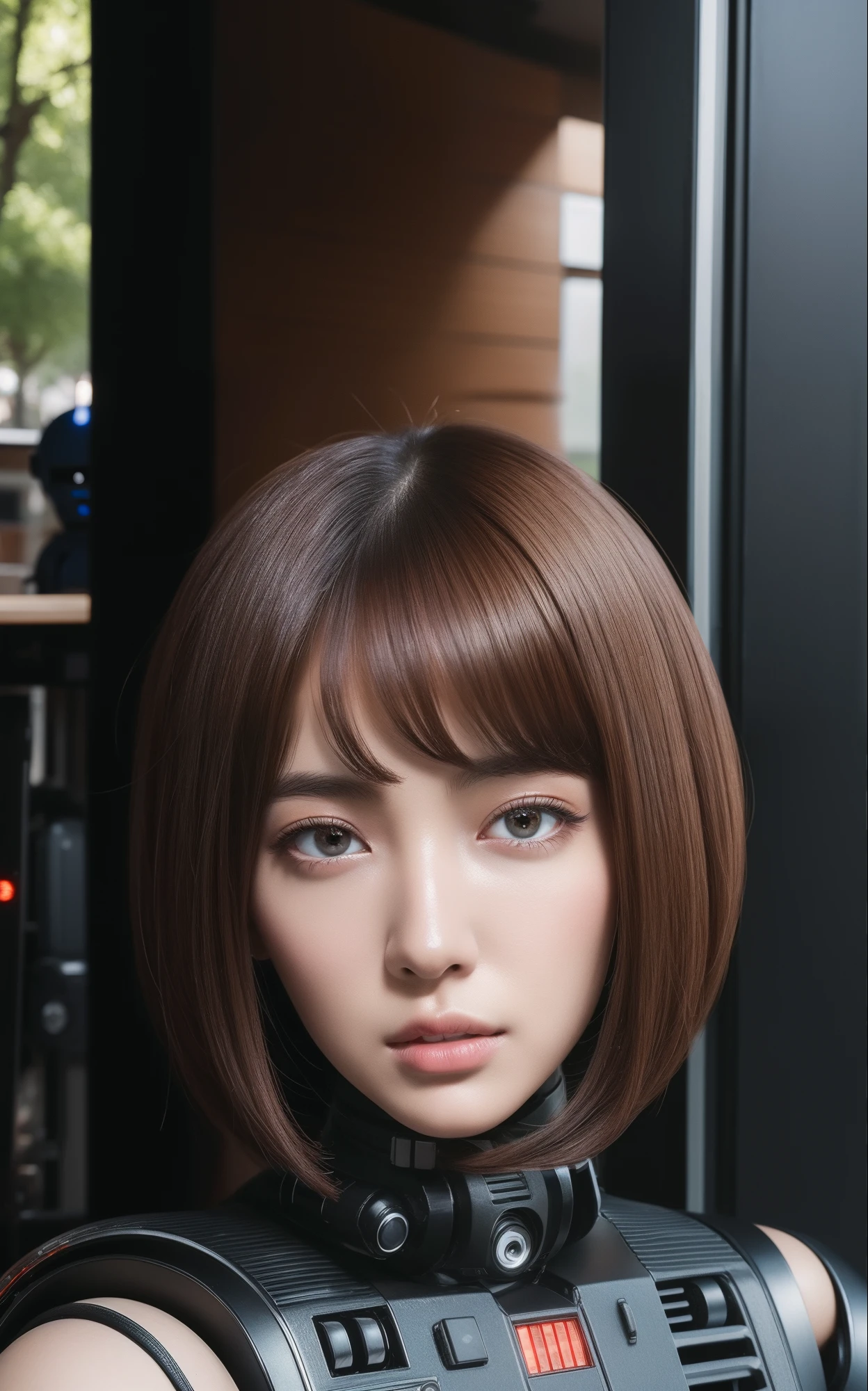 (top-quality、超A high resolution、8K、​masterpiece、realisitic、Photorealsitic)、(Humanoid Droid:1.5)、two individuals、Droid with beautiful female face、The upper part of the body、close-up、frombelow、(Talking:1.3、Sitting on a chair)、looking in camera、BREAK、(cafes:1.2)、Daytime、Natural lighting