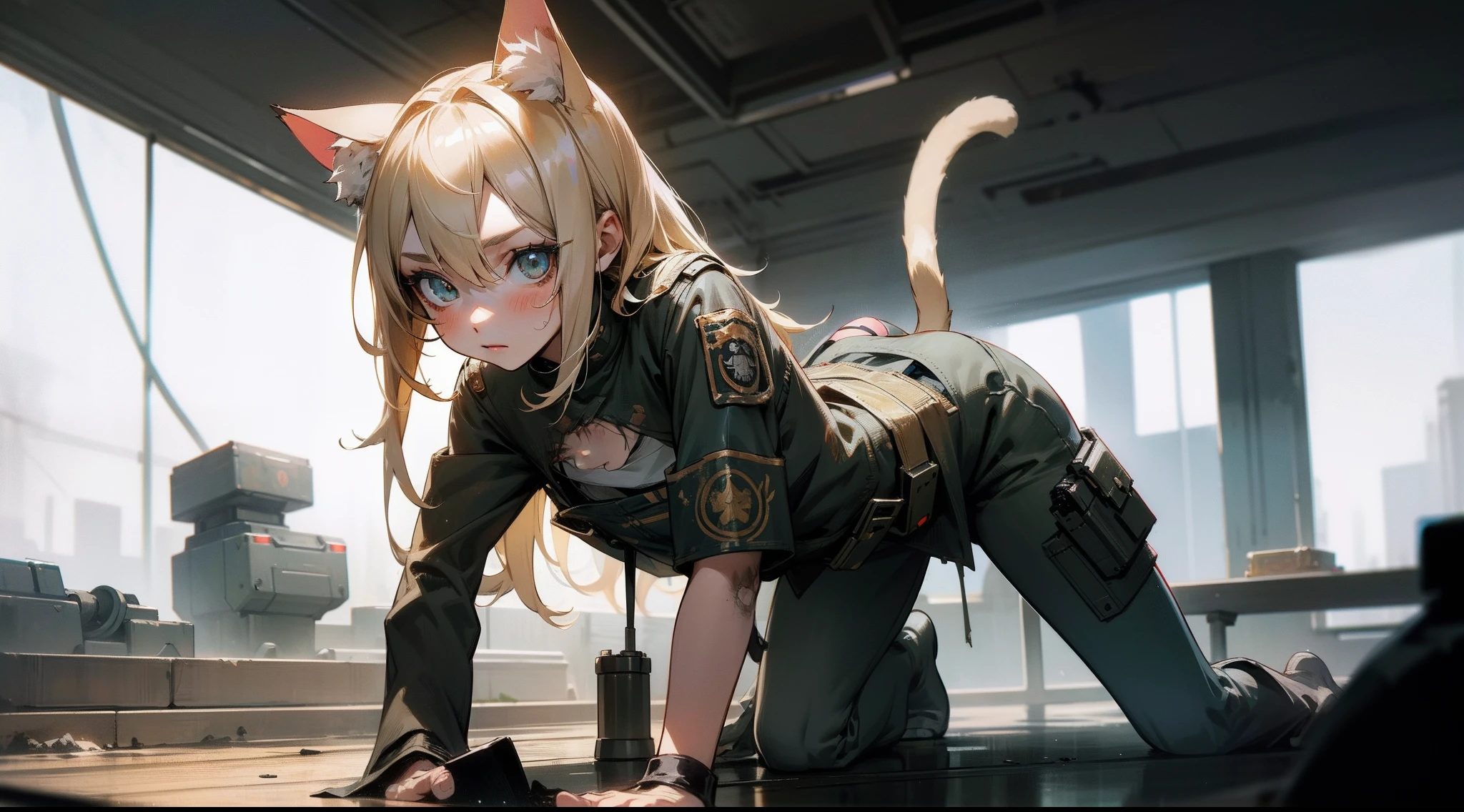 Ukrainian girl , Ukrainian anime girl , The whole body consists of a young girl with messy light blonde hair, Eye makeup, 11yo, Cat ears, Soft lighting, Solo, Wear shabby clothes, Dirty, Tattered futuristic military uniform, Cat's paw badge, Pose, spot color, rendering by octane, Ultra-realistic intricate details, Cinematic, 8K resolution, 70mm, emphasis lighting, Global illumination, Full body portrait, clean detailed faces, Complex clothing, Cute face, Flat chest, Slim waist, Slim legs, Small hips