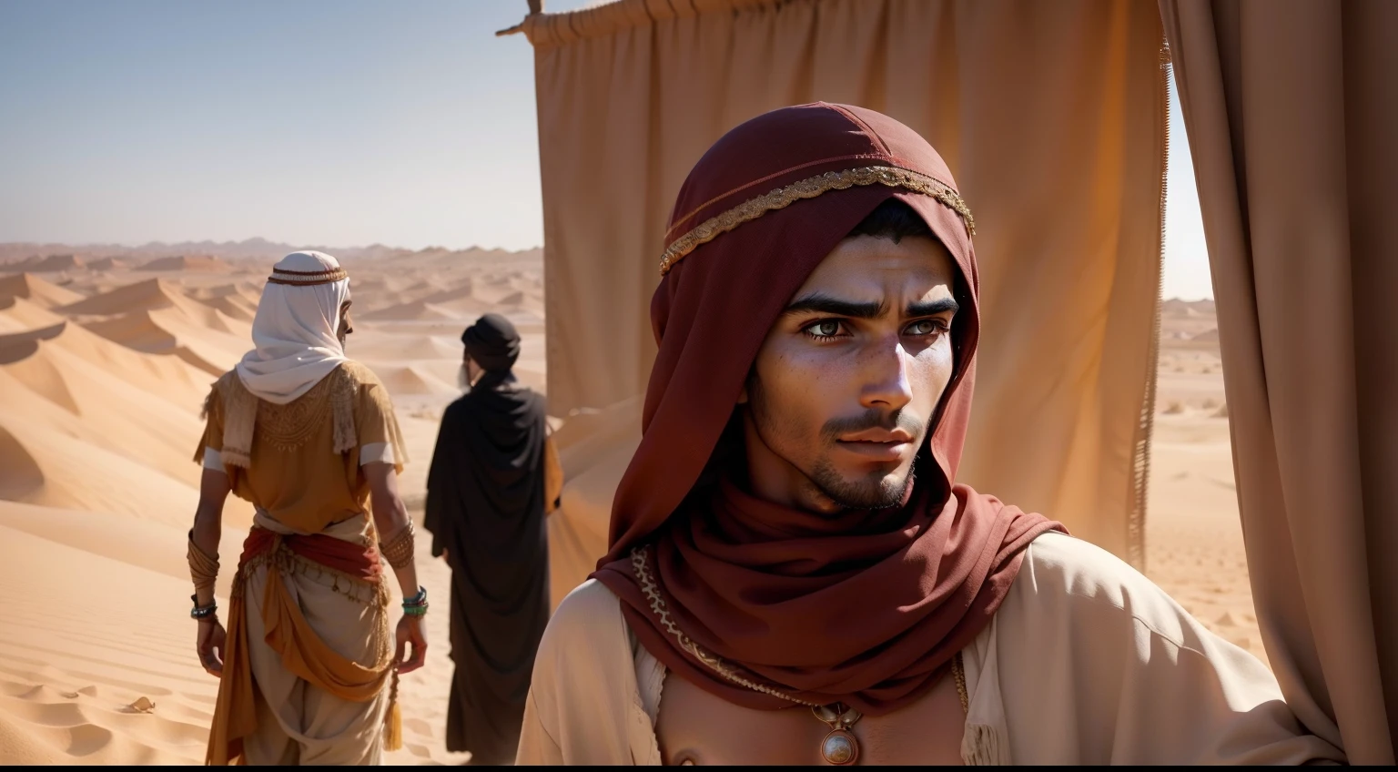 Young men in Bedouin costume in the desert