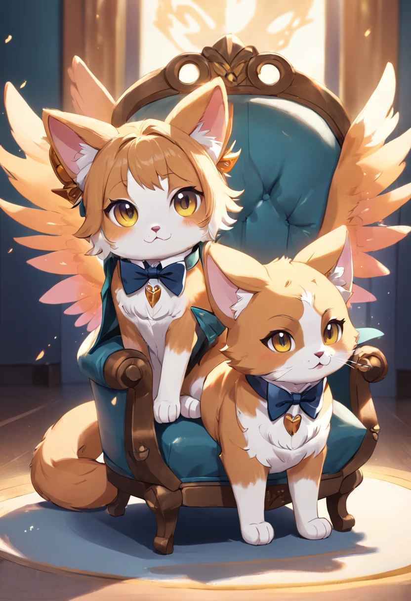 Cartoon cat sitting on chair with bow tie，corgi with [ Angelic wings ]!!, cute corgi, fursona!!!!, Cute fox, furraffinity, furaffinity fursona, kawaii cute dog, fursona art, fursona commission, Anthropomorphic Shiba Inu, furry fursona, fluffy orange skin, Kawaii cat, cute character