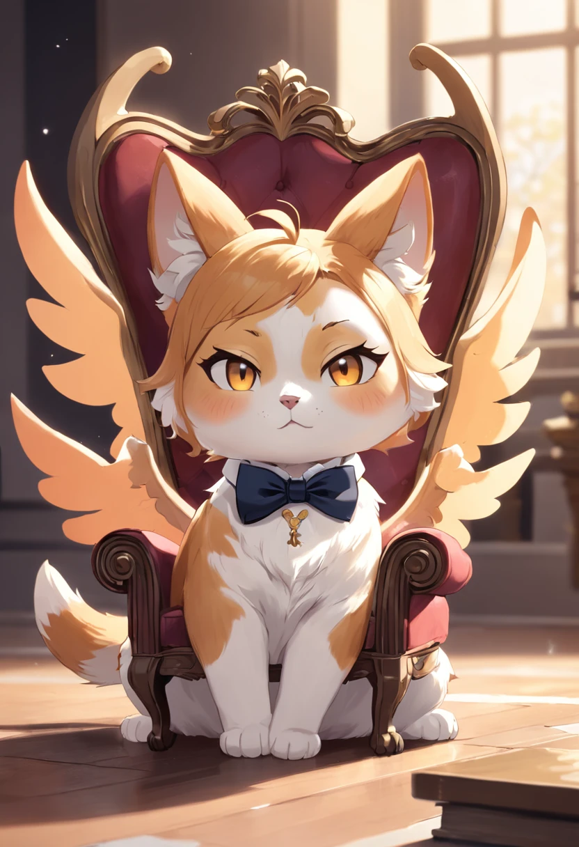Cartoon cat sitting on chair with bow tie，corgi with [ Angelic wings ]!!, cute corgi, fursona!!!!, Cute fox, furraffinity, furaffinity fursona, kawaii cute dog, fursona art, fursona commission, Anthropomorphic Shiba Inu, furry fursona, fluffy orange skin, Kawaii cat, cute character