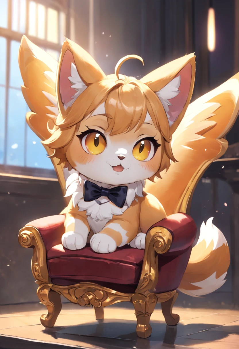 Cartoon cat sitting on chair with bow tie，corgi with [ Angelic wings ]!!, cute corgi, fursona!!!!, Cute fox, furraffinity, furaffinity fursona, kawaii cute dog, fursona art, fursona commission, Anthropomorphic Shiba Inu, furry fursona, fluffy orange skin, Kawaii cat, cute character