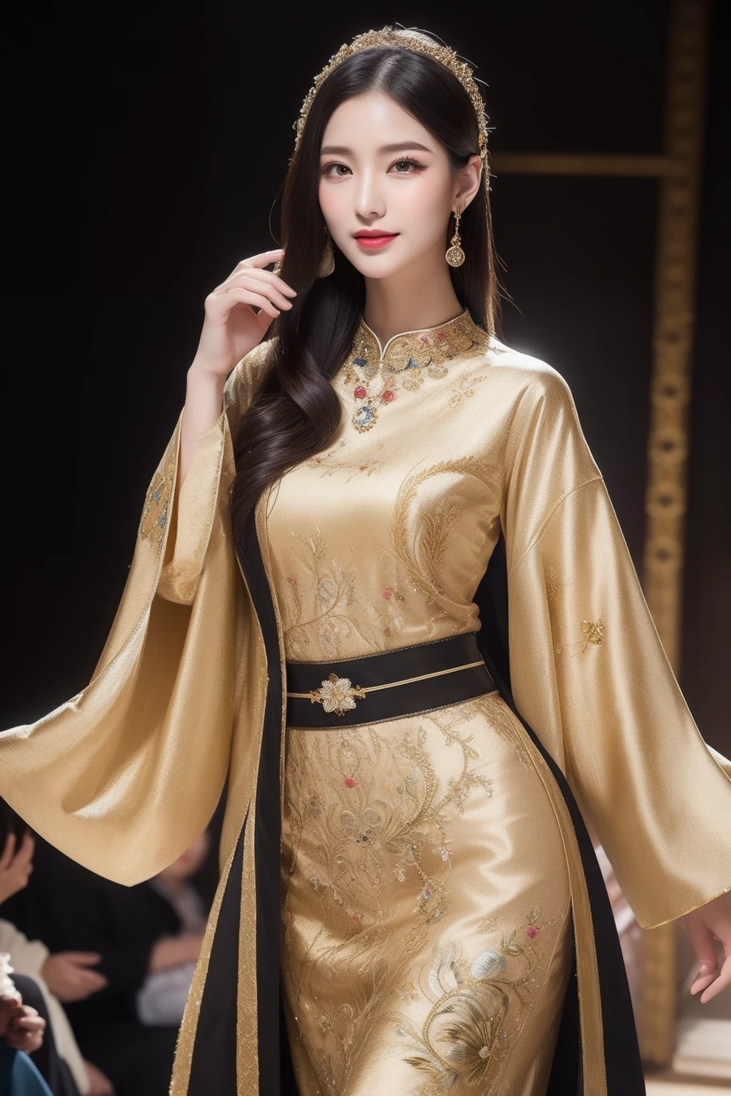 (8k,A high resolution,Very detailed faces,Detail and talent,full bodyesbian,动态照明,photography of)((Intricate and detailed details of clothing))Appearance makeup:
- Skin as white as snow。
- Red lips and white teeth,The slender lips have a hint of a smile。
- Eyebrows curved like smoke,Occasionally raised eyebrows,Exudes an elegant expression。
- Gently rub with a touch of powder,It exudes a faint floral fragrance。
- Apply the eyeshadow just right,Highlight the eyes of the water spirit。
- Eyeliner outlined by thin black lines,Brightens and brightens your eyes。
. clothes:
- Dress neatly,Wear ornate robes or fancy costumes。
- The robe is embroidered with delicate gold thread patterns,Symbolizes their status。
- Silk cloak set with precious stones and jewelry,Shimmering with gorgeous light。
- Delicate embroidery at neckline and cuffs,Added detail and layering。
- A moire or dragon-patterned metal belt tightly cines the waist,Accentuate curves and waistline。
- Embroidered silk shoes,The upper is embellished with tassels and jewelry,Walk lightly and elegantly。
