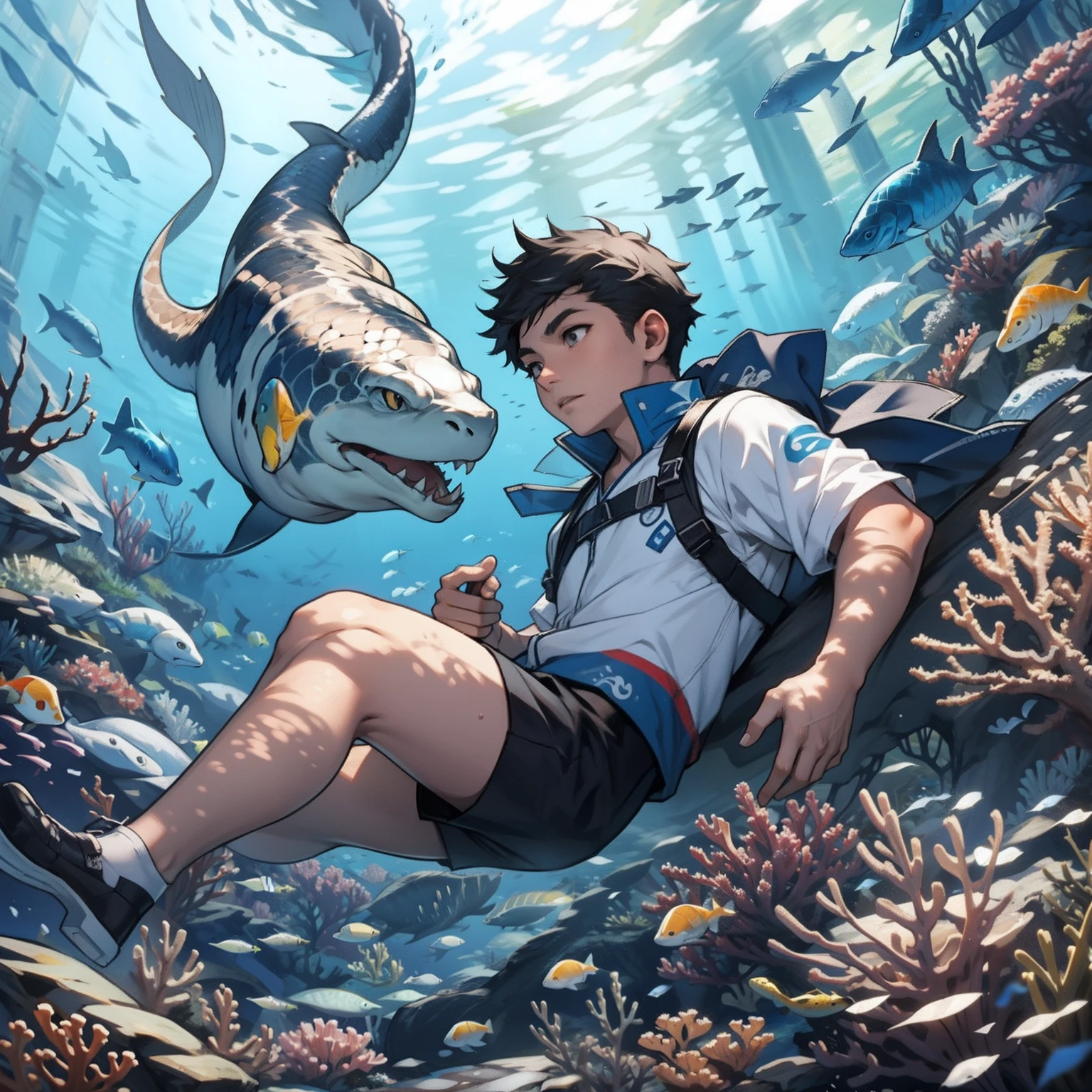 At the bottom of the sea,A boy is swimming,There are sea snakes around。
