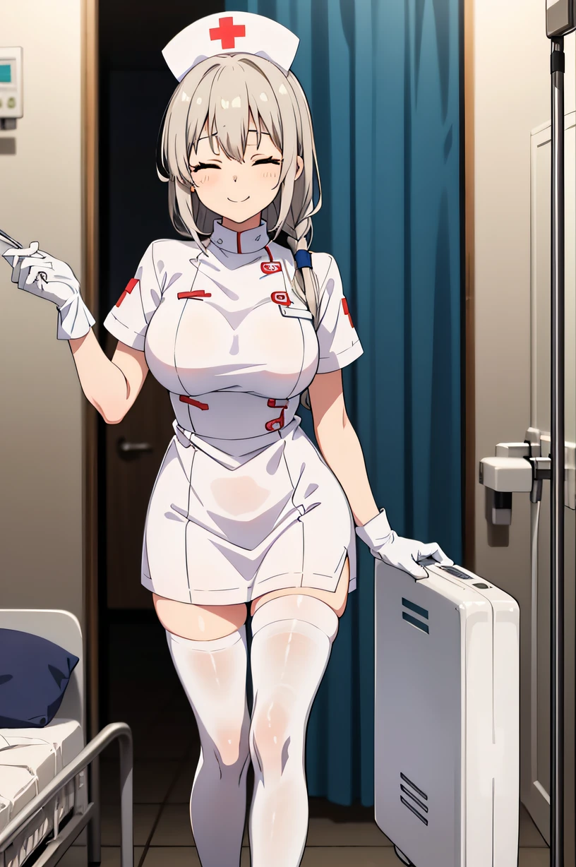 uzaki tsuki, closed eyes, large breasts, solo, Nurse, ((White nurse cap, White nurse uniform)), ((White legwear, zettai ryouiki)), White Gloves, Smile, Standing, ((Hospital room)), sharp outline, Short sleeves, Best Quality, masutepiece