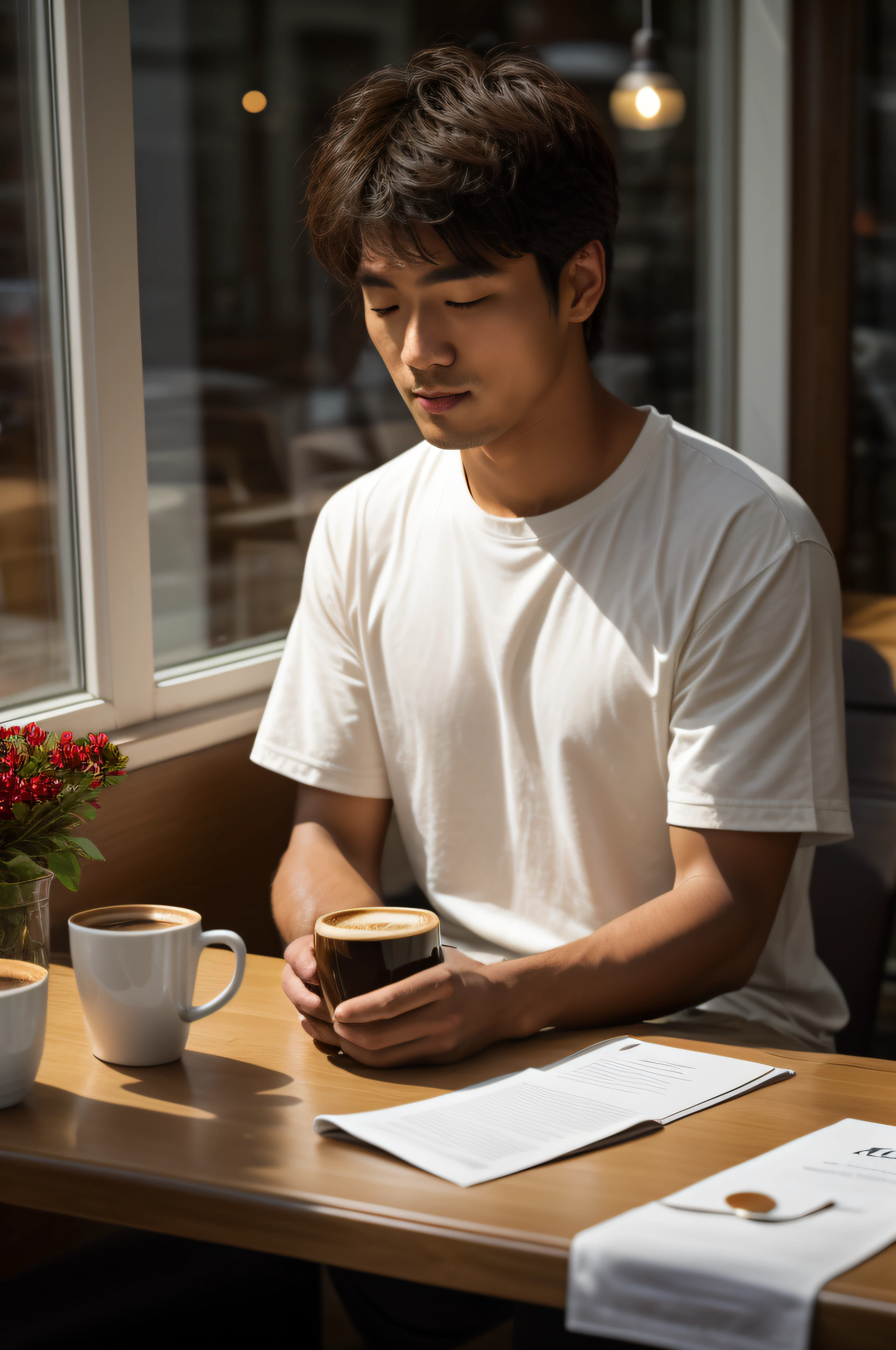 there is a man sitting at a table with a cup of coffee, sitting in a cafe alone, sitting alone in a cafe, south korean male, sitting on a mocha-colored table, attractive man drinking coffee, portrait of morning coffee, handsome man, morning time, drinking coffee, drinking a coffee, morning coffee, shot with canon eoa 6 d mark ii