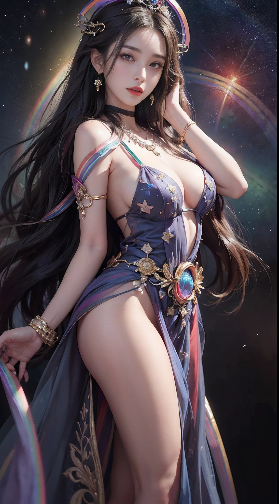 1 27-year-old girl, 1 zodiac goddess from the future, 12 zodiac goddess pink purple, 12 zodiac goddess face sexy thin yellow nightgown, long thin nightgown 12 zodiac many limbs sexy black lace detail, mythical goddess of the 12 zodiacs from the future, zodiac ♏, luxury sparkling zodiac style, Dark and mysterious version, zodiac crown, lipstick red lips, thin and pretty lips, don't smile, Keep your mouth shut, characters created by karol bak and pino daeni, intricately details, Detailed background, Extremely detailed, Light magic, A woman, Clear face, looking at the upper body of the goddess of the zodiac, Round breasts, Big and round breasts, phoenix hair brooch, Long hair with bangs, (Long hair has 7 colors like a rainbow:1.9), beautiful detailed face and well-proportioned eyes, (transparent yellow eyes: 1.8), big round eyes and very beautiful and detailed makeup, Visionary, long silk nightgown, Mysterious makeup, bangle, side bangs and dye pale yellow, Upper body, (goddess of the zodiac upper body: 1.8), drooping arms, Realistic and vivid photo, (stars that make up the zodiac: 1.7), ( sky zodiac and fictitious space and time portal: 1.8), fiction art, RAW photo, Hanfu photo, best photos , High_Nothing, Best quality, best photos, 8K level quality, Ultra 8k , surrealism, the most economical real photo, artistic portrait of 12 zodiac signs, 1 symbol of 12 zodiac signs behind, single portrait of 12 zodiac goddess, Most realistic color scheme, best photo color, Masterpiece, hair adornments, necklace, jewelry, Beautiful face, Upper body, Tyndall effect, photograph realistic, Dark Studio, Border light, two tone light, (Detailed skin) High: 1.2), 8K, Ultra HD, Digital SLR, Soft light, High quality, volumettic light, candid, Photo, high resolution, 4K quality, 8K, Bokeh, Smooth and sharp, pixel up 10 times, Charming zodiac goddess, sexy zodiac goddess, (background space: 1.8), (milky ways: 1.7), aurora, Lightning, (Aurorabackground: 1.8) <the lora:locon_perfecteyes_V1_From