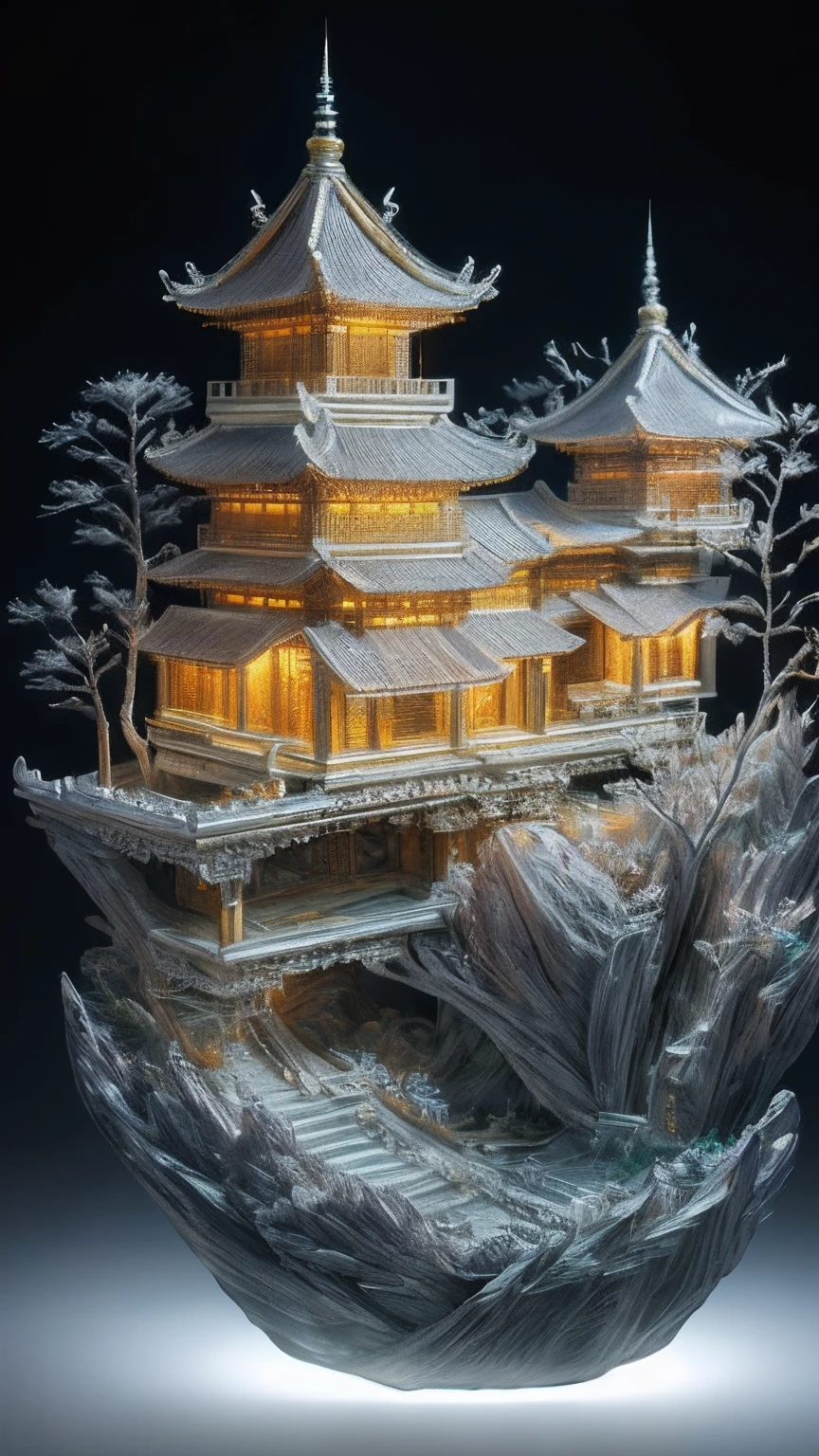 best quality, realistic, photorealistic, ultra detailed, 
Miniature landscape，Chinese architecture，Immortal Mansion，
highly detailed carving on "southern ice" porcelain,
Ultra wide angle,Accent Lighting,Volumetric Lighting,backlighting, (detailed light),((an extremely delicate and beautiful)),dramatic_shadow,ray_tracing,hdr