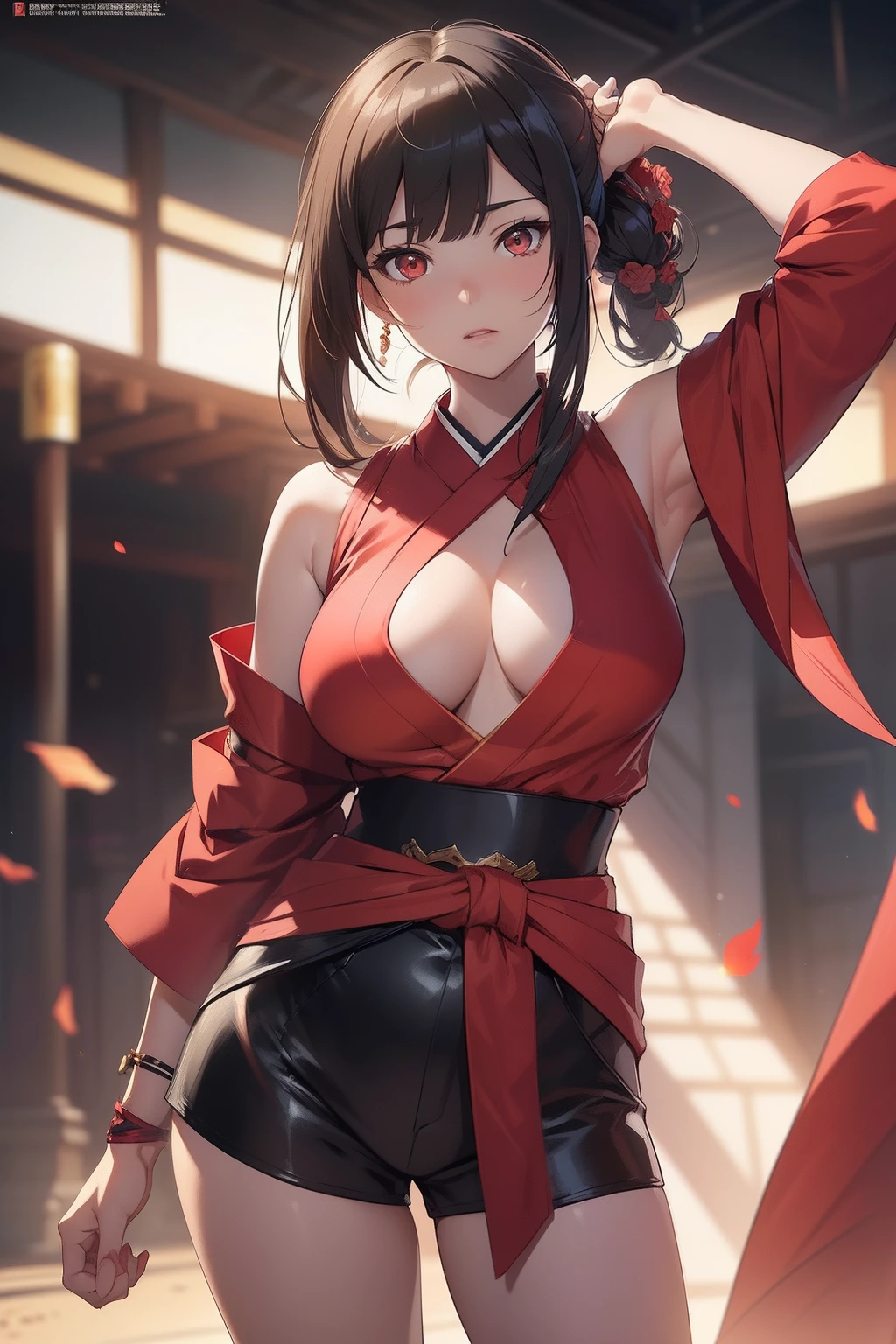 (masterpiece, best quality, photorealistic, cinematic), expressive eyes, perfect face, perfect hands, large cleavage, long round legs, round ass, (((anime girl posing in a form-fitting rosy red and sleeveless kimono-style blouse, tied with a dark obi around her waist and short dark red shorts))), dark brown-haired mage, a sleek and straight hairstyle, seductive anime girl, Ayaka genshin impact, extremely detailed artgerm, from girls frontline, range murata and artgerm, xianxia, style artgerm, beautiful alluring anime woman, thicc, guweiz on artstation pixiv, ((nude)), ((medium shot)), ((dynamic background))
