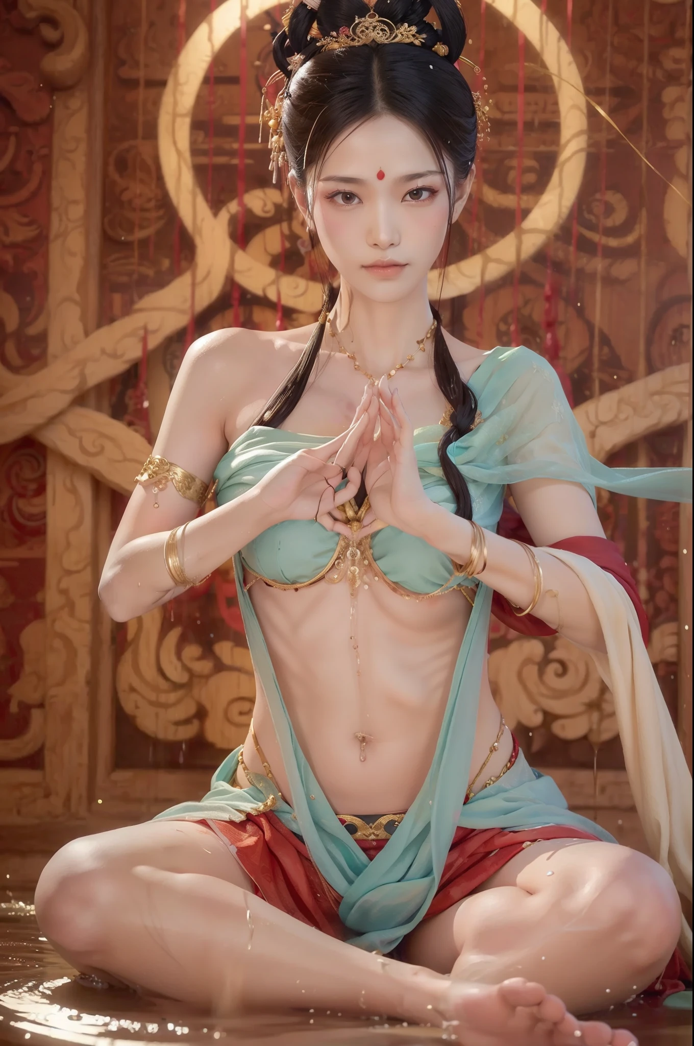Many sexy Zen mothers and daughters sit around the blood sacrifice ceremony and practice evil arts,(Do the yoga lotus sitting pose),(Perfect delicate and good-looking face),(Normal hands,Normal feet),(Get wet all over your body),(Get wet all over your body ),(best qualtiy,ultra - detailed,Extremely Delicately Beautiful)