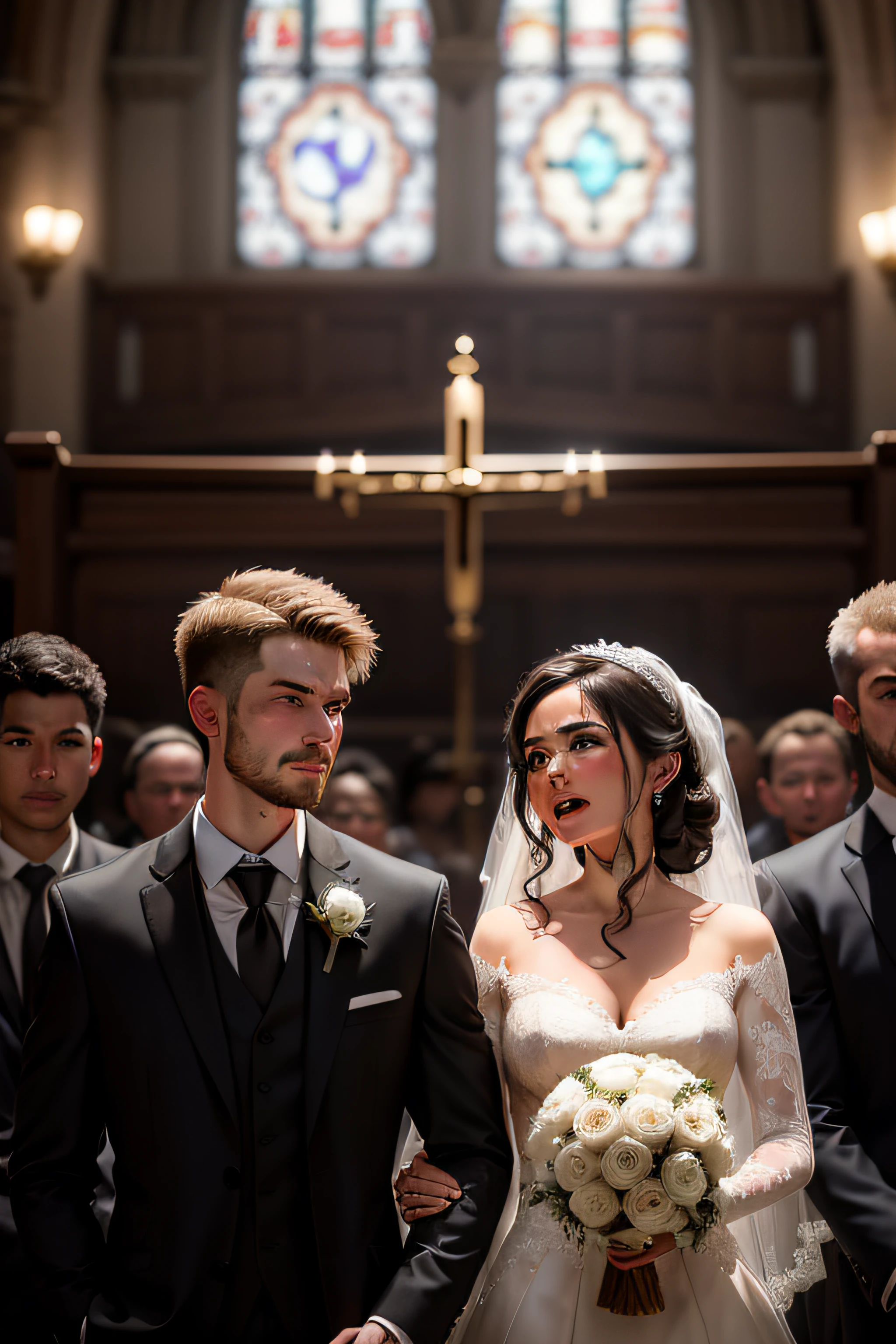 "A high-quality wedding moment captured in a church. The bride's ex-boyfriend gazes at her with mixed emotions while the expressions on the faces of all three individuals are highlighted."