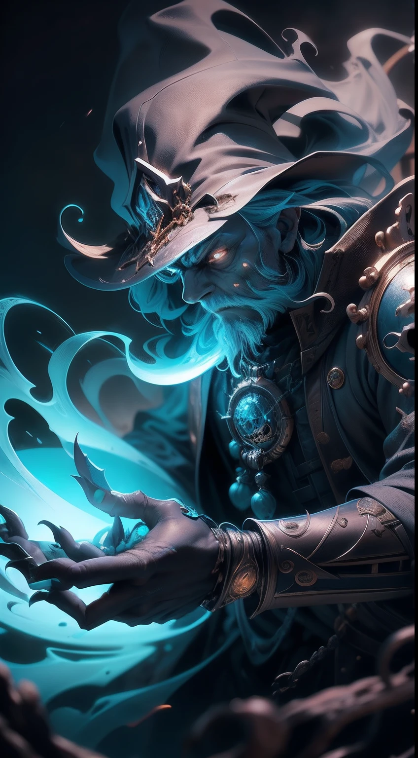 An undead wizard wields a spell,Inflicting waves of destruction, Highly detailed, Fantasy world, Clean design, art stations, contours, hyper detailed intricately detailed, illusory engine, Fantastical, intricately details, Splash screen, Complementary colors, fantasy concept art, 8K resolution, Deviantart's masterpiece, Oil painting, Heavy strokes, paint drips