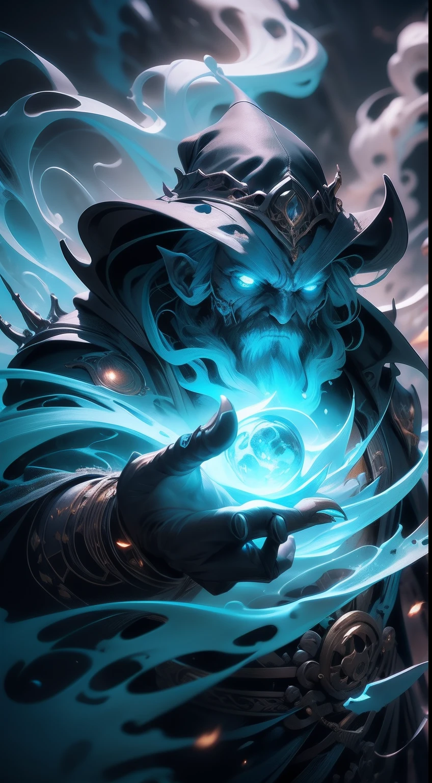 An undead wizard wields a spell,Inflicting waves of destruction, Highly detailed, Fantasy world, Clean design, art stations, contours, hyper detailed intricately detailed, illusory engine, Fantastical, intricately details, Splash screen, Complementary colors, fantasy concept art, 8K resolution, Deviantart's masterpiece, Oil painting, Heavy strokes, paint drips