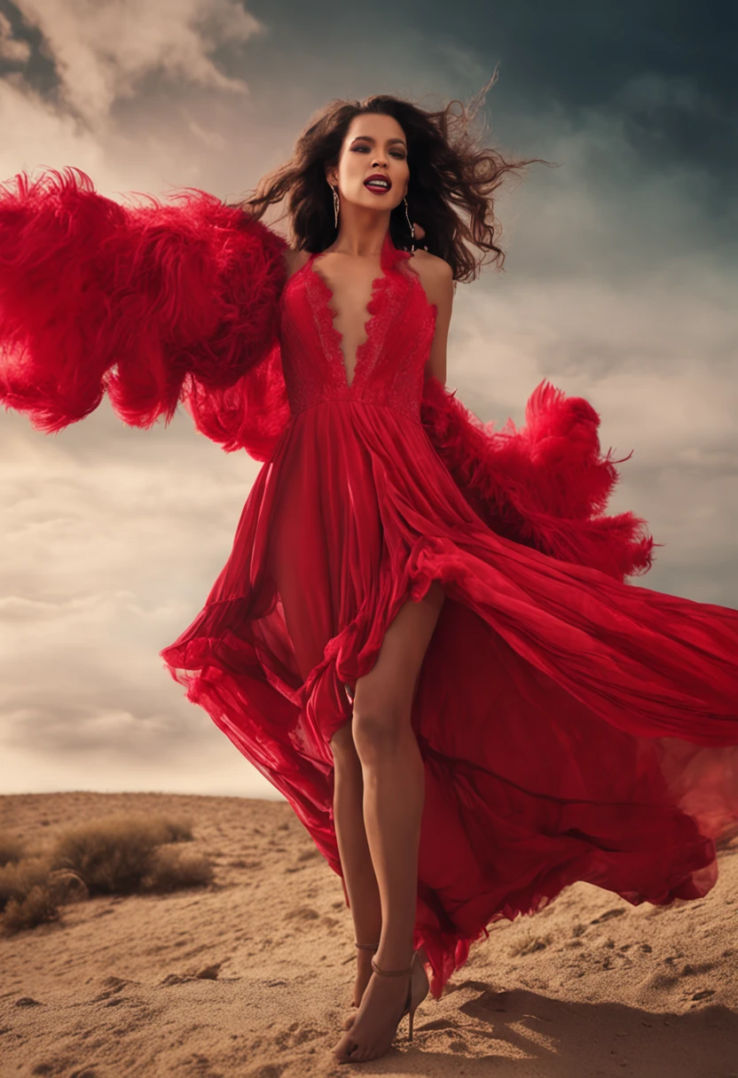 fashom supermodel in red fluffy dress mouth open gasp elegent sexy hot