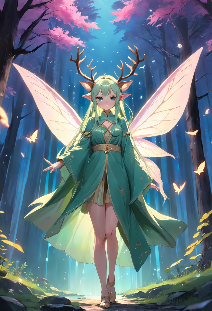 ln the forest,Humanoid deer,Elf style , Wear a long robe,a sense of atmosphere,Best quality, Masterpiece, dream magical, butterflies flying