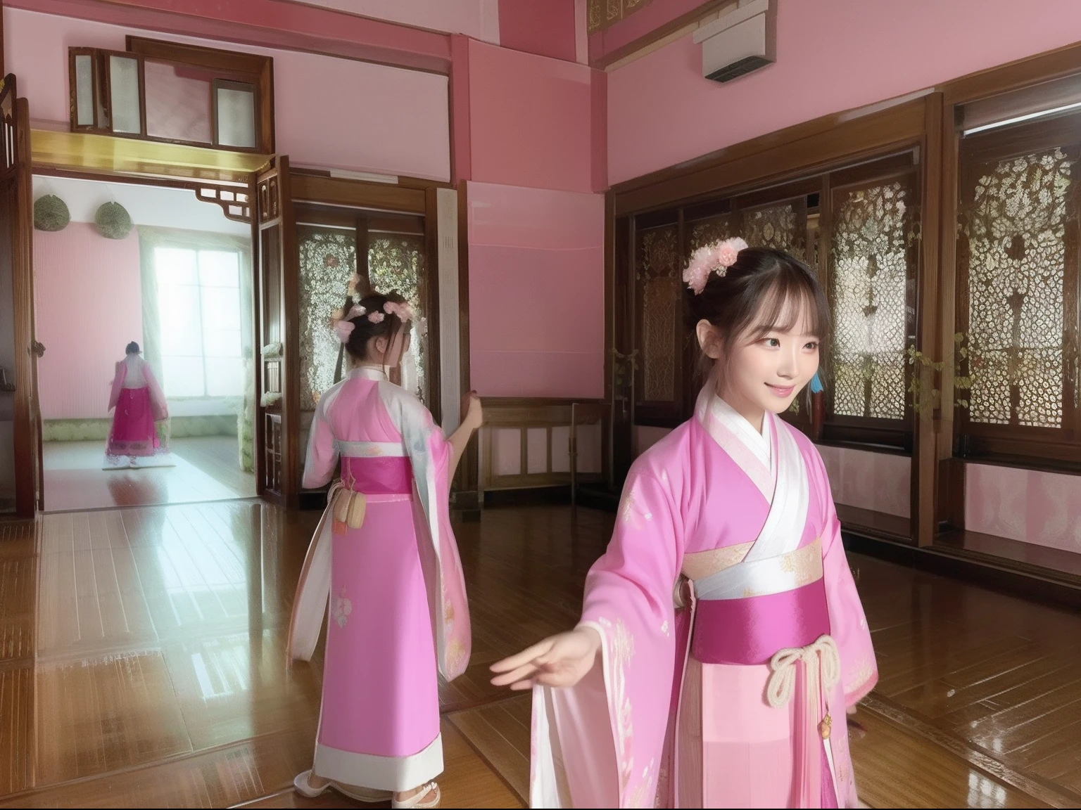 /imagine prompt: Hanfu, dance, palace, girl backlight panorama baby pink color --v4