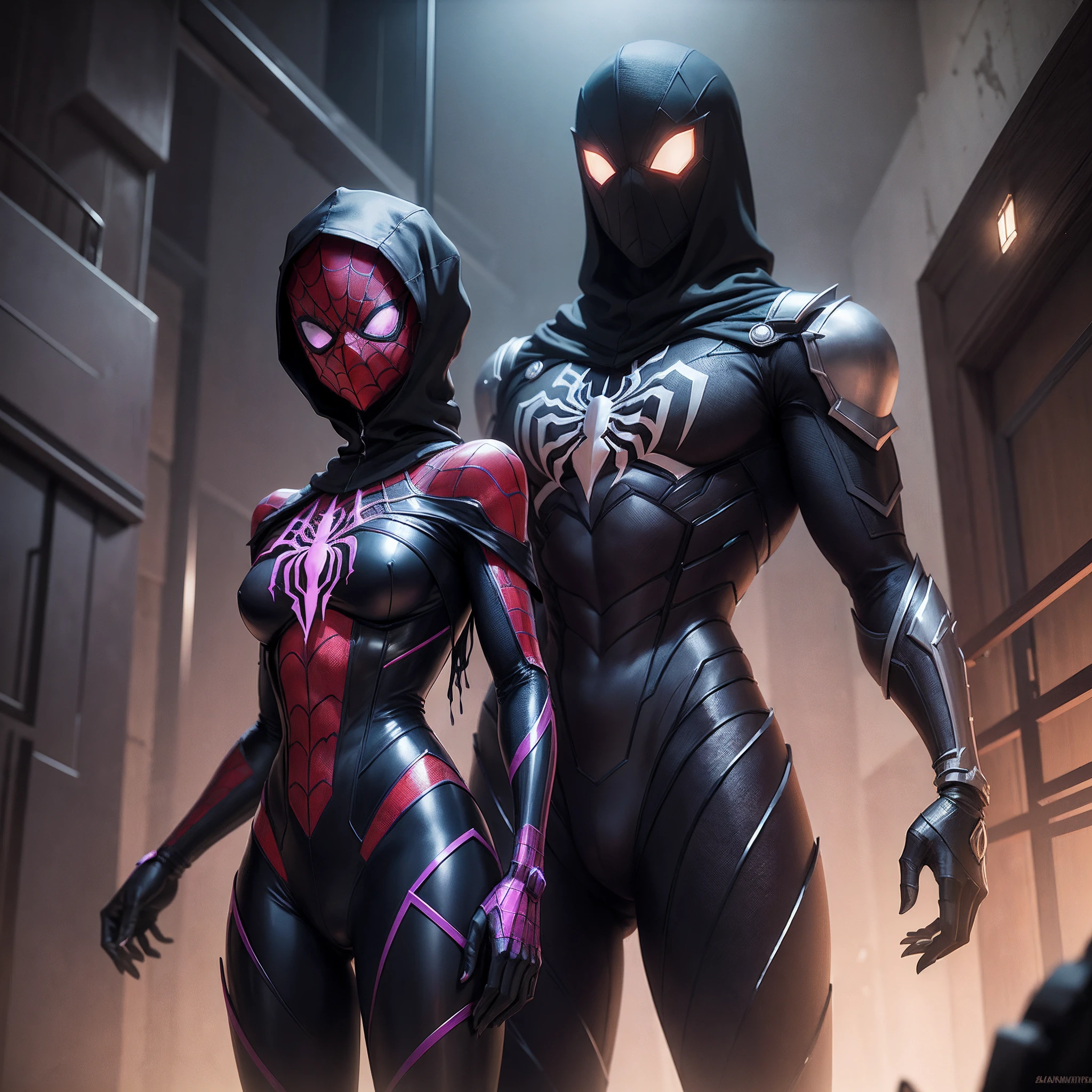 "Homem-aranha de filigrana gigante [metal:1.1|Homem:0.8|machine:0.9|sombra:0.9] with a spider-shaped robot, manto, Metal mask, Estilo DND, horror (tema), deslumbrante, detalhes ultra-realistas, Sombras profundas, striking lighting, Atmosfera rica, Scary and vivid details, atmosfera de suspense intenso"