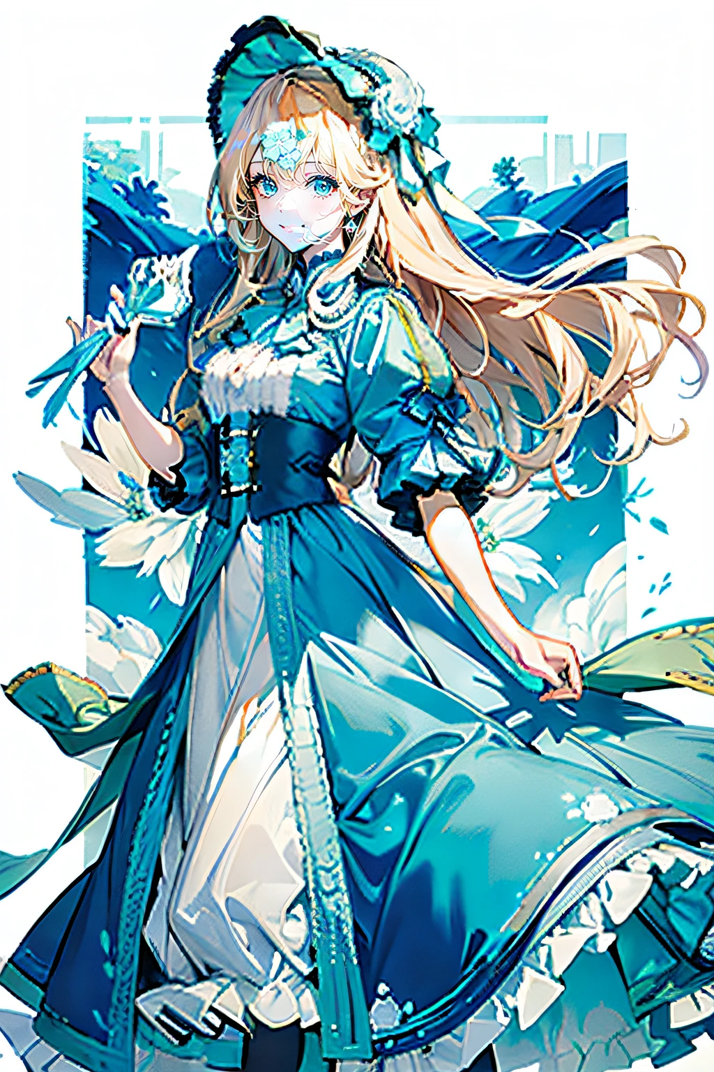 Long curly blonde hair，Turquoise eyes，Dress，Lolita skirt，Miss Nobility，Lively and cute girl，Holding up a white parasol，adorable smile
