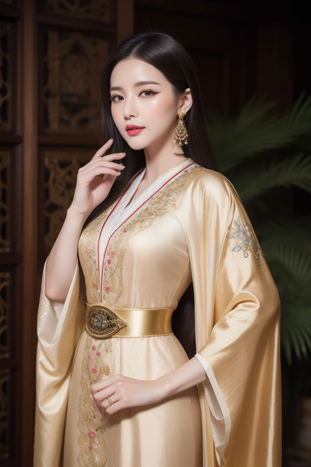 (8k,A high resolution,Very detailed faces,Detail and talent,full bodyesbian,动态照明,photography of)((Intricate and detailed details of clothing))Appearance makeup:
- Skin as white as snow。
- Red lips and white teeth,The slender lips have a hint of a smile。
- Eyebrows curved like smoke,Occasionally raised eyebrows,Exudes an elegant expression。
- Gently rub with a touch of powder,It exudes a faint floral fragrance。
- Apply the eyeshadow just right,Highlight the eyes of the water spirit。
- Eyeliner outlined by thin black lines,Brightens and brightens your eyes。
. clothes:
- Dress neatly,Wear ornate robes or fancy costumes。
- The robe is embroidered with delicate gold thread patterns,Symbolizes their status。
- Silk cloak set with precious stones and jewelry,Shimmering with gorgeous light。
- Delicate embroidery at neckline and cuffs,Added detail and layering。
- A moire or dragon-patterned metal belt tightly cines the waist,Accentuate curves and waistline。
- Embroidered silk shoes,The upper is embellished with tassels and jewelry,Walk lightly and elegantly。
