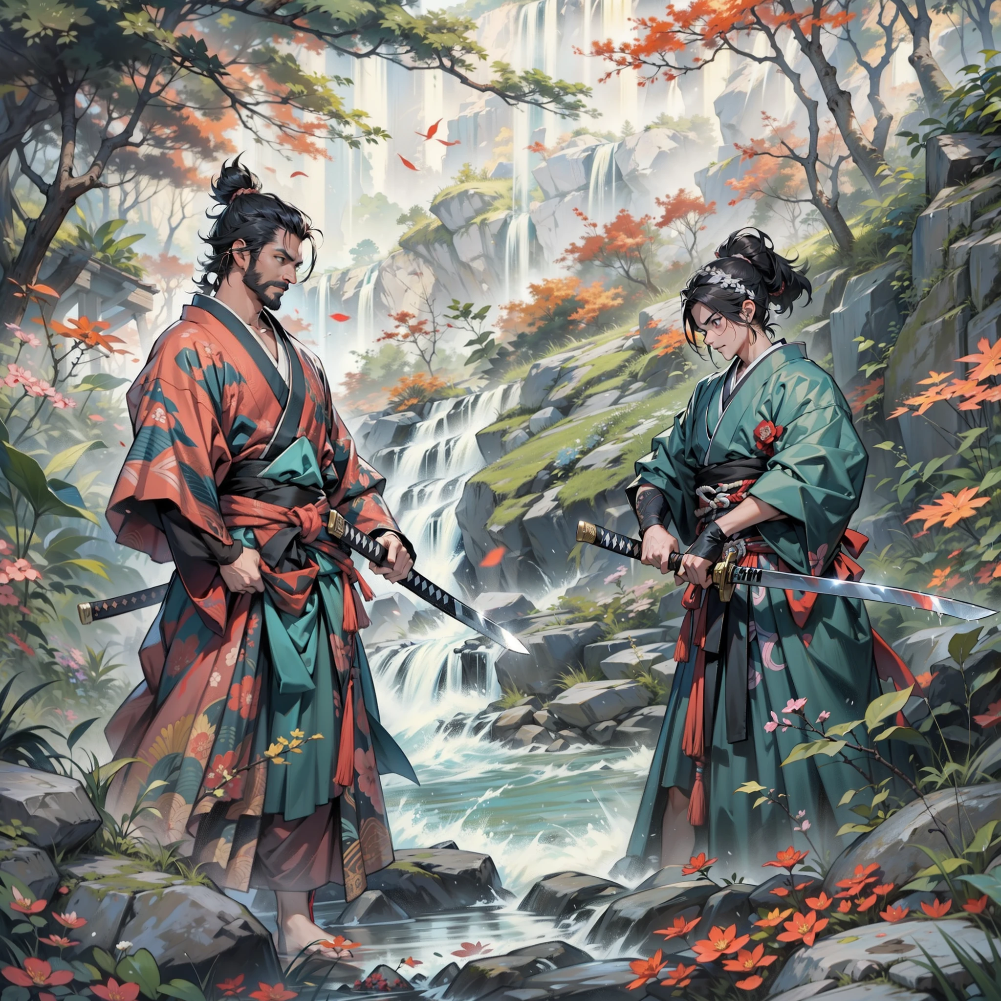 (Combate a muerte hombre vs mujer).Primer plano de un samurai cortando el agua con su katana,pelo largo y negro con una cicatriz en la frente de un corte,hombre adulto guapo,barba corta,exprecion de pas y tranquilidade fluyendo como el agua,maestro con la espada,samurai con kimono negro,espada super filosa y brillante,debajo de una cascada de agua,cascada con rocas y un rio,estilo anime,arte grafico,alta calidad,alta definicion,obra maestra,calidad profecional de dibujo,muchos detalles,colores definidos,lineas gruesas,