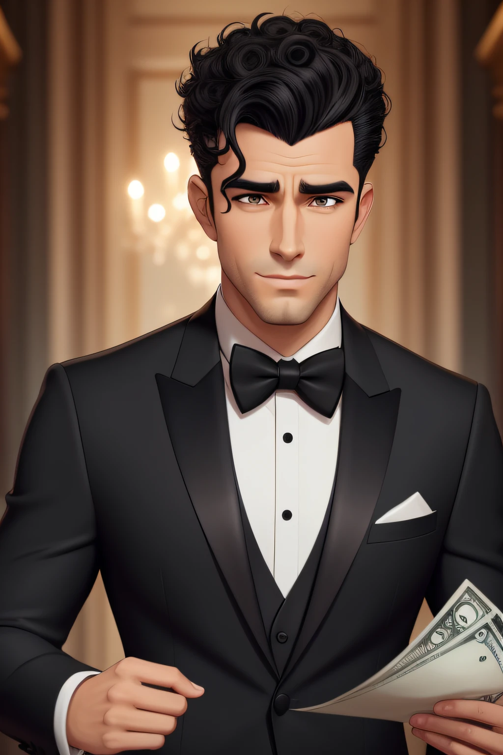 On the left side there is a handsome man in animation style with black curly hair and with Low Fade Curly Top Blob hair style the man is wearing a tuxedo suit and is a bit bronzed he has a diamond face type and has black eyes and is looking into the eyes of piles of cash.