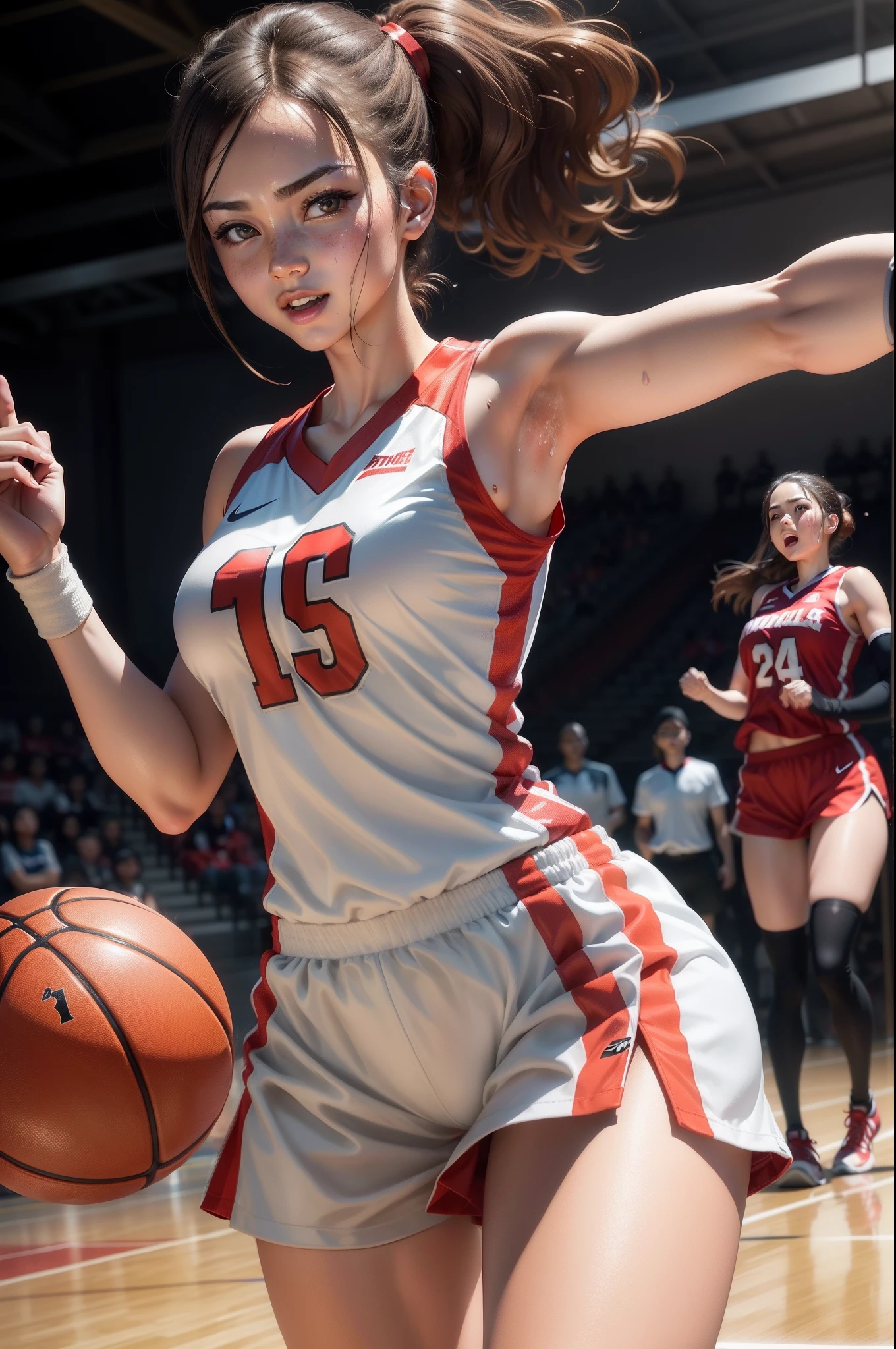 (8K,Photorealsitic　Raw photography　top-quality;1.4) 1 High School Girl) Super beauty　(Lifelike face)　Brown-haired short bob　Basketball players　Flowing sweat　Splattering sweat　Bursting smile　Beautiful woman doing dribbling　red and white uniform　Beautiful breasts　Red wristband on left hand　Nike Basketball Shoes　Gymnasium　Basket goal on background　During the match　realistic representation　real looking skin　beautiful expression　Beautiful expression　enticing　超A high resolution　super precision　A sexy　Dynamism　Point your finger at the camera　a picture