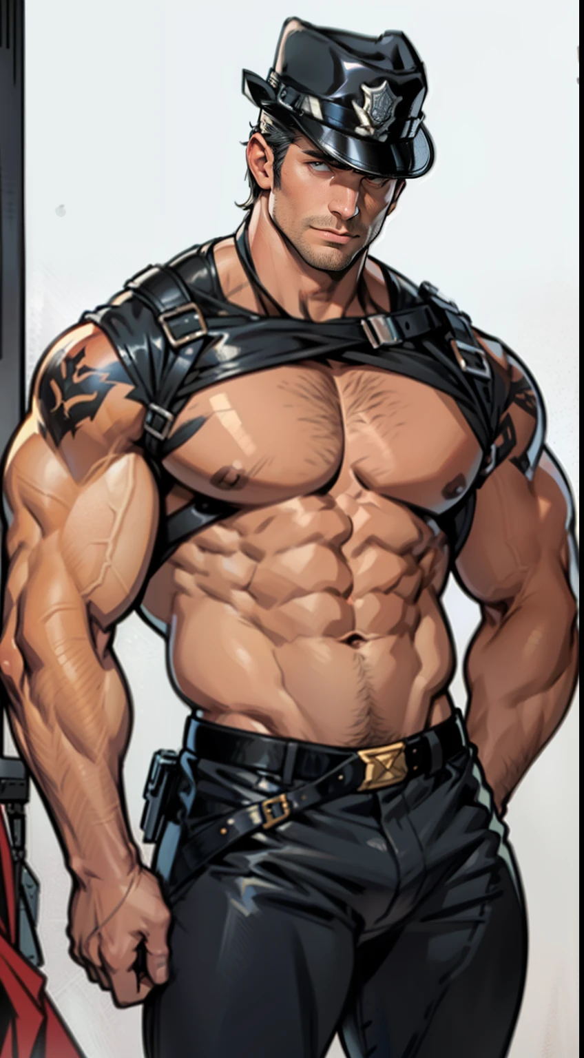 Mature male，45 yers old，short detailed hair，Slag，musculous，vast pecs，Wide shoulders，Thick-breasted，（Huge crotch bulge：1.5），leather harness，skinny pants，（Bare pectoral muscles），Name plate，a revolver，police hat，Indecent expressions，Indecent pose，Male gaze，tmasterpiece，High- sharpness，high detal，full bodyesbian，in a panoramic view，Cartoon，Line decoration style，Fine face