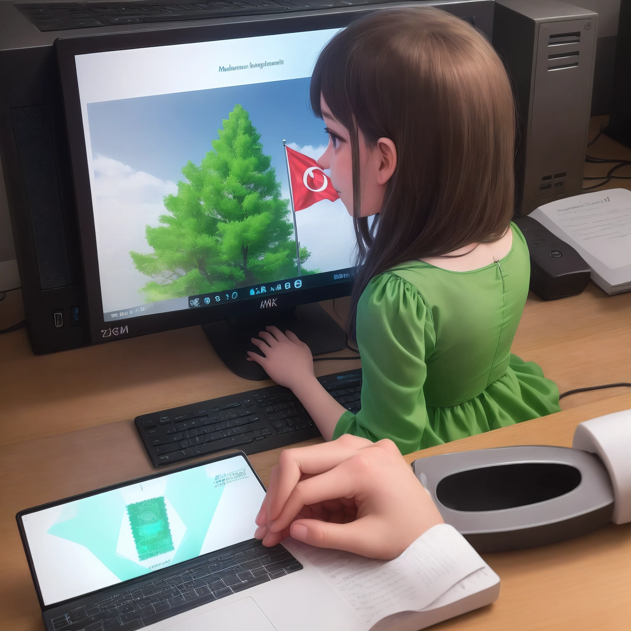 The girl sitting in front of the computer writes crystal medical on the screen of your desk. above. There is a Turkish flag, the girl is wearing a green dress