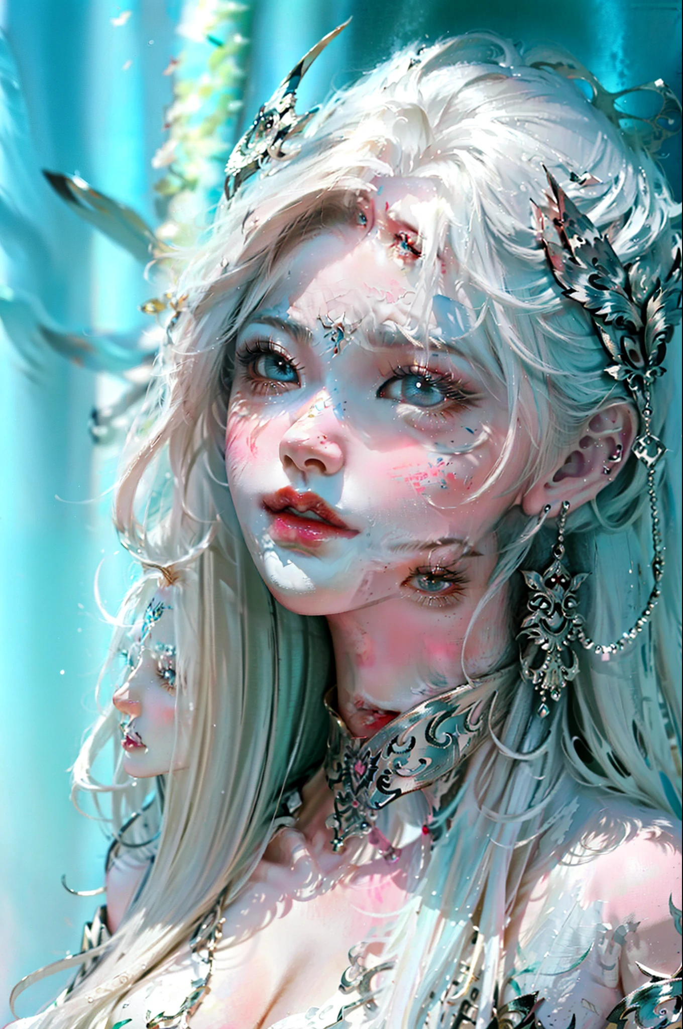 close-up of a woman with white hair and white mask,Belle peinture de personnage,Guviz,Guviz-style artwork,white-haired god,Yang J,Epic and beautiful character art,Stunning character art,big breasts exposed cleavage,long leges,largeeyes,brightly,goblin