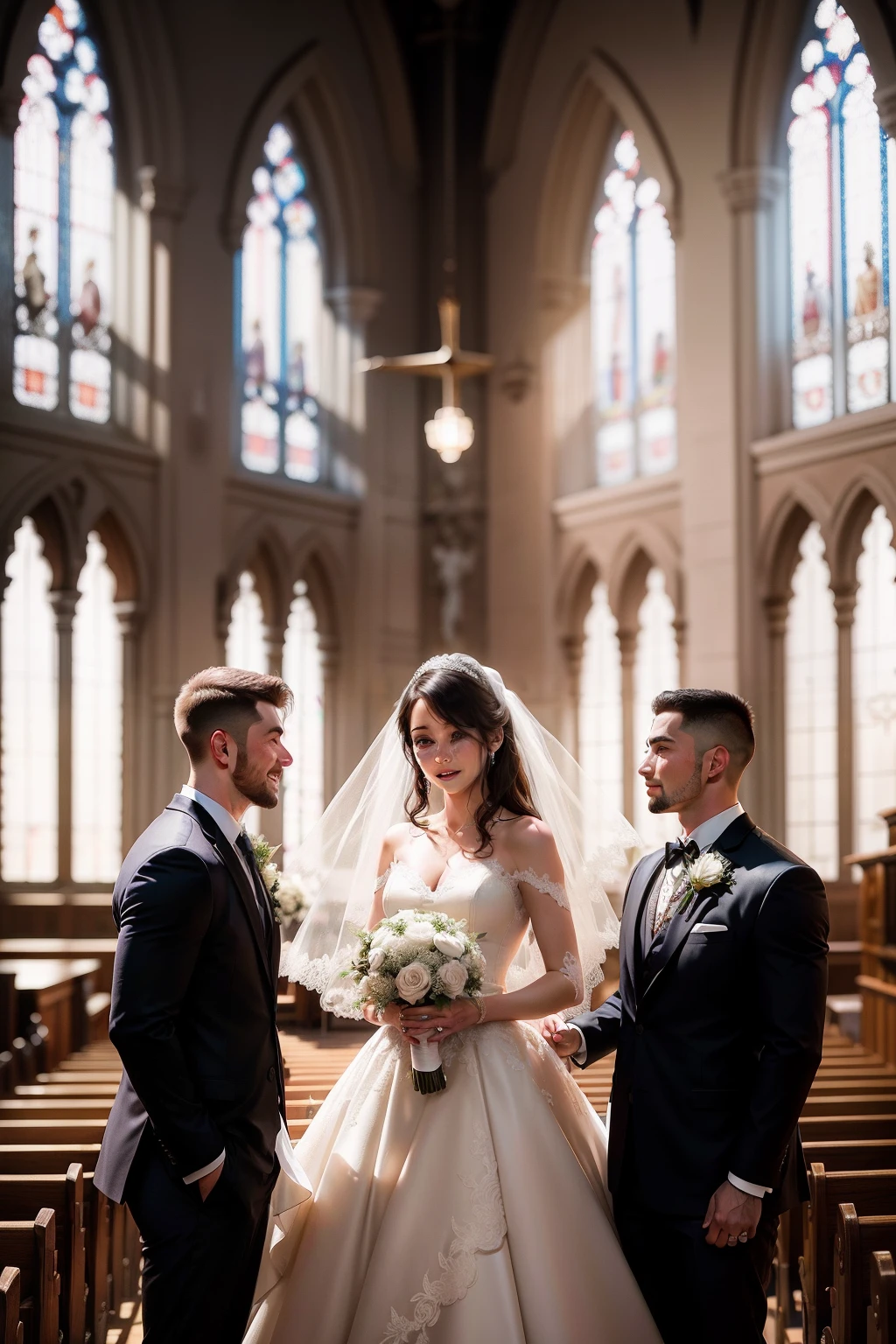 A high-quality wedding moment captured in a church. bride's, ex-boyfriend, and grooms, three humans face