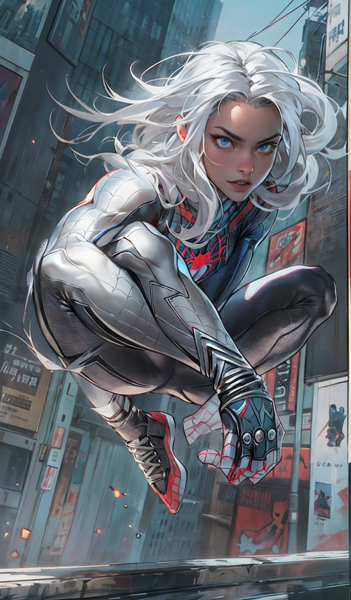 Create an image of Spider-Man Gwen (female Spider) atop a towering building, with a lower camera angle for added impact