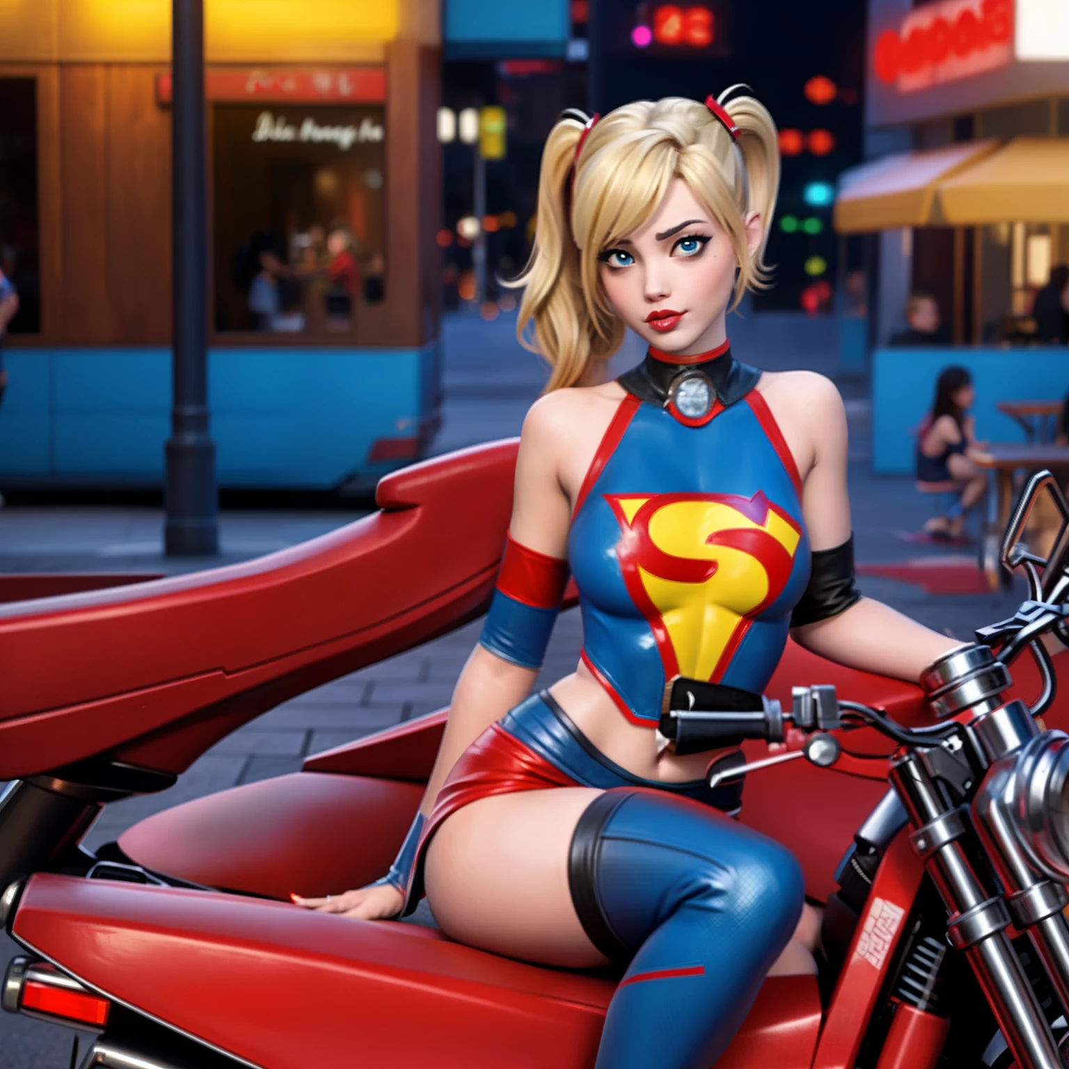 Harley Quinn merge with super girl, sexy, sitting on bench, metropolitan background, sexy, alluring, sensual, multiple arms, multiple legs