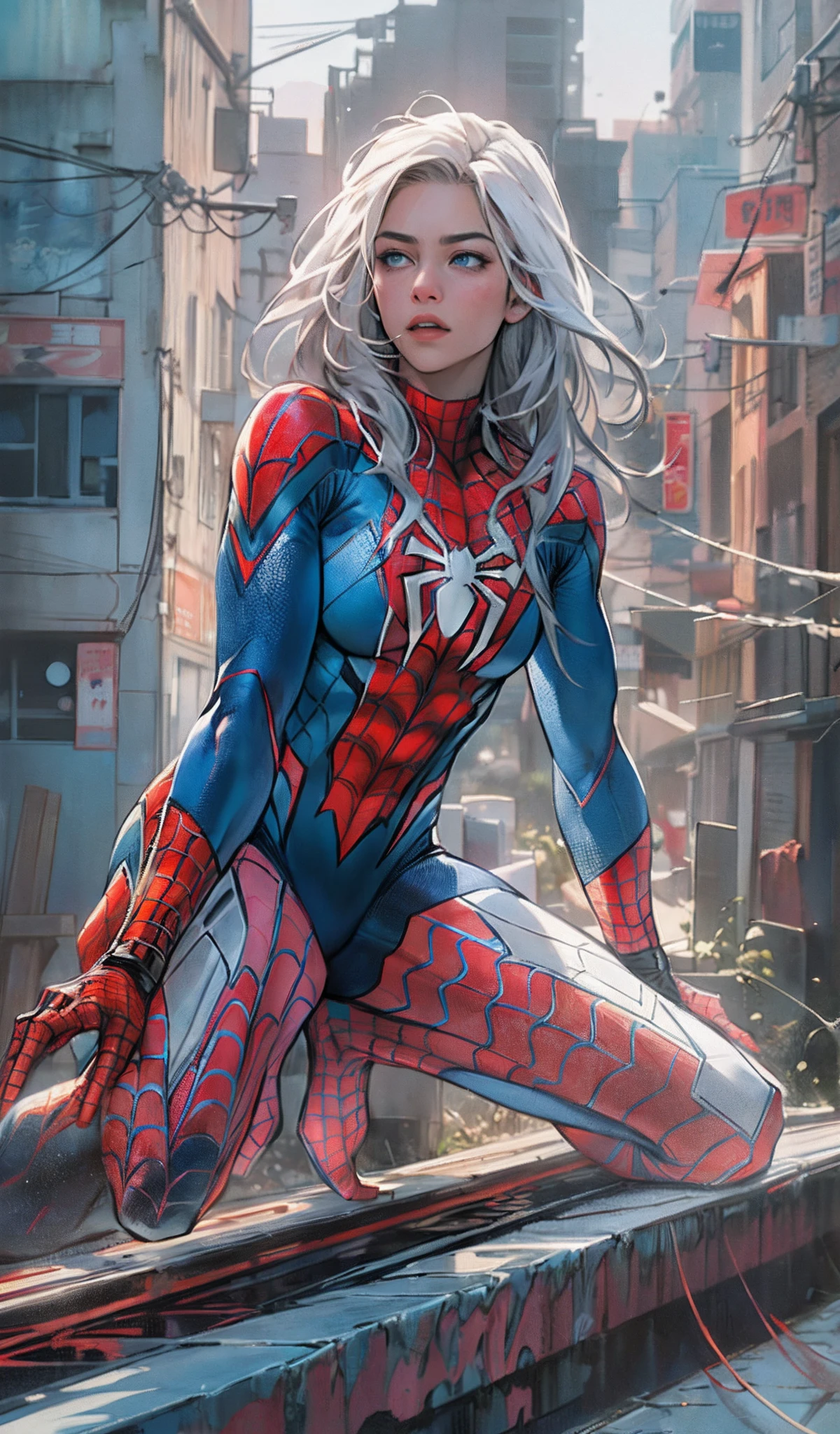 (masterpiece), (best quality), highres, kei1, 1girl, solo, ((long gray hair)), (((wears a detailed black female spiderman costume with mask and she has a battle pose with sharp claws made of ice on her fingernails and has normal person arms)))), spider web-shaped ribbon, bangs, long hair and price,  collar bone, gray hair, black hair band, neck ribbon, hair between eyes, medium-sized breasts, cowboy shot, smile, (((detailed anatomically correct body with detailed hands without mistakes)), ((She has battle pose with sharp claws made of ice)), (she is shooting spider webs like spider-man but with sharp ice), (full detallado escenario)