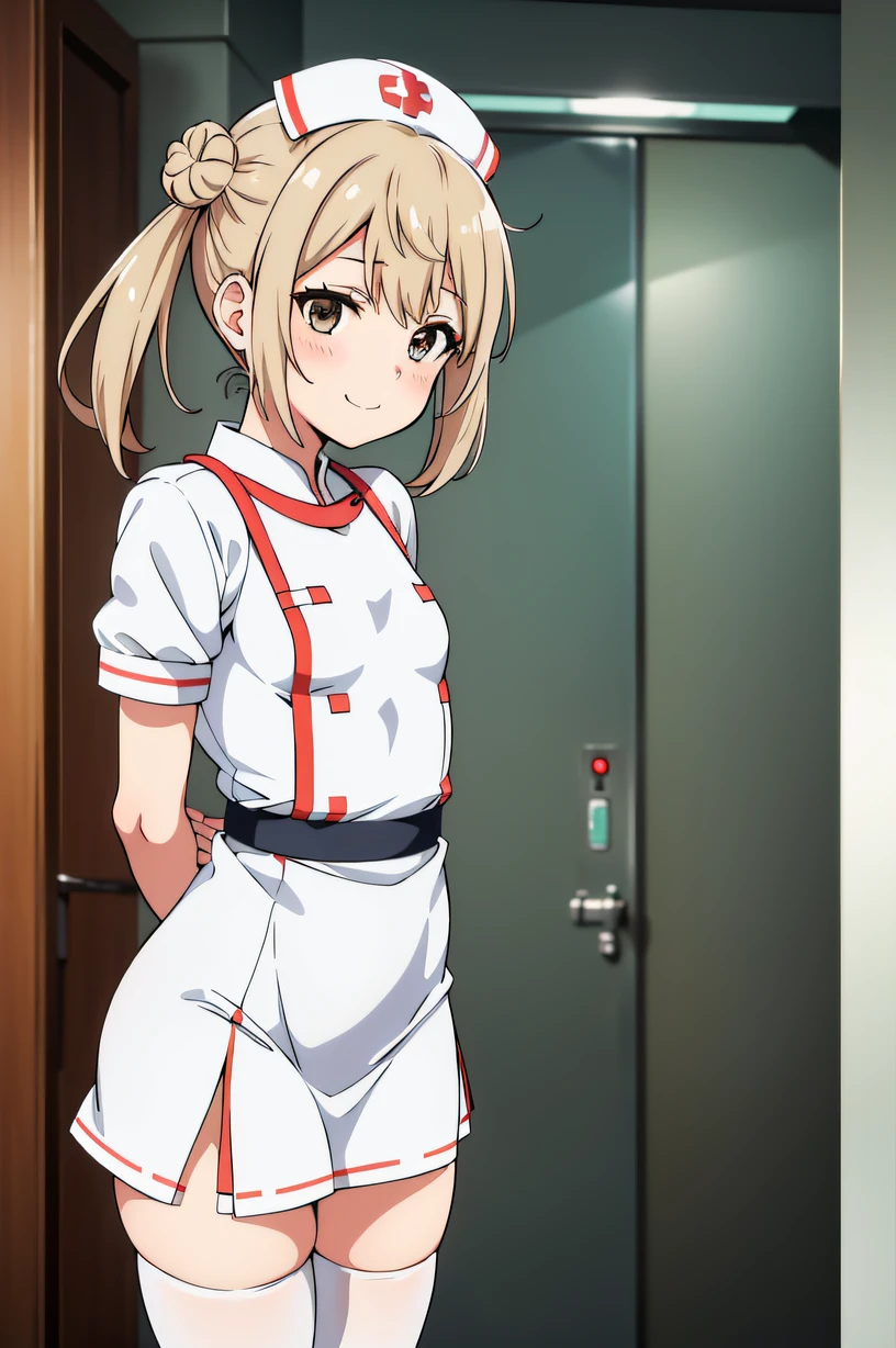 MichishioKC, twintails, two side buns, small breasts,  solo, Nurse, ((White nurse cap, White nurse uniform)), ((White legwear, zettai ryouiki)), White Gloves, Smile, Standing, ((Hospital room)), sharp outline, Short sleeves, Best Quality, masutepiece