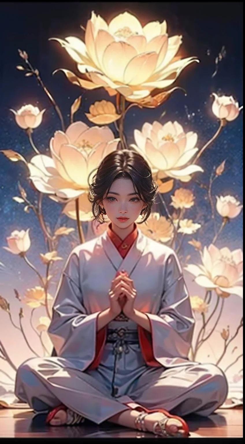 （Chinese immortals）, （Buddhism）, Multip_Hands，（mythological stories）, （bodhisattva）, She sits on a lotus, （Three hands on the left，Three hands on the right, Each hand holds a different Buddhist vessel, left right symmetry），（Delicate and beautiful face）, （White silk robe）sitting on a lotus flower, Frontal photo，Light smile, neo-classical, OP Art