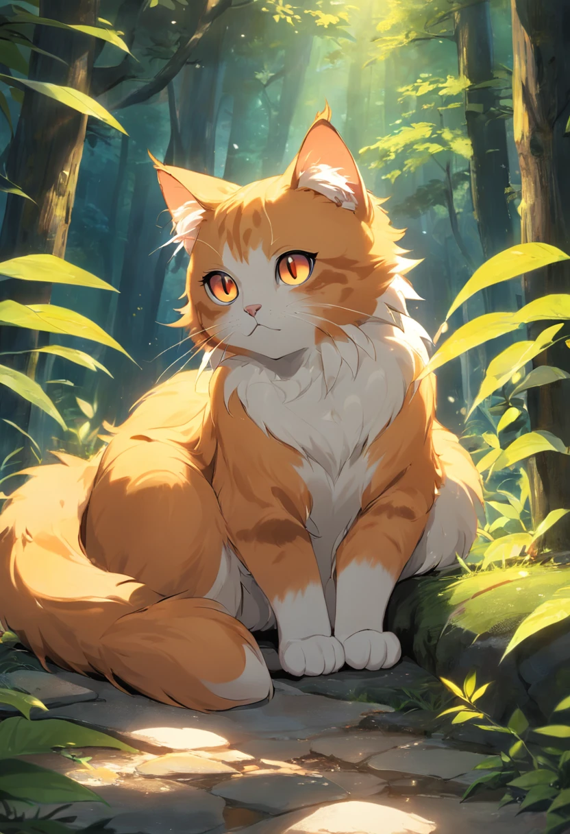 Furry cat,k hd,Orange-yellow fluffy fur,Yellow pupils,Lick your paws,adolable,Soak up the sun in the forest