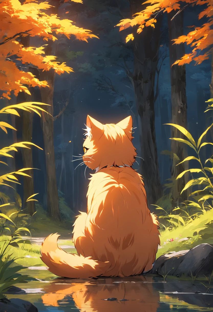 Furry cat，k hd，Orange-yellow fluffy fur，Yellow pupils，Lick your paws，adolable，Soak up the sun in the forest