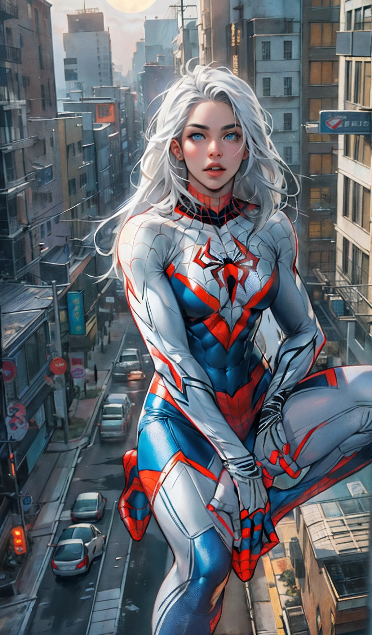 (​masterpiece、4K resolution、A hyper-realistic、ighly detailed)、(White Superhero Theme、Charisma、There's a girl in a Spider-Man costume over town、She's a superhero)、 [((30-years old)、(Long grey hair:1.2)、full body Esbian、(blue eyess:1.2)、((Spider-Man pose)、show of strength、Jump from one building to another)、(Look back)、((Sandy urban environment):0.8)|(A city scape、natta、Dinamic Light)、(fullmoon)]#illustrate:Prompts are mainly ultra high definition、very real、Describes highly detailed 4K paintings。A superheroine in a Spider-Man costume is depicted at the top of the city。The theme of the picture is white superhero theme、The female protagonist has long white hair and、At the age of 30、Her whole body is shown in the painting。In terms of depicting the actions of superheroines、Spiders are employed