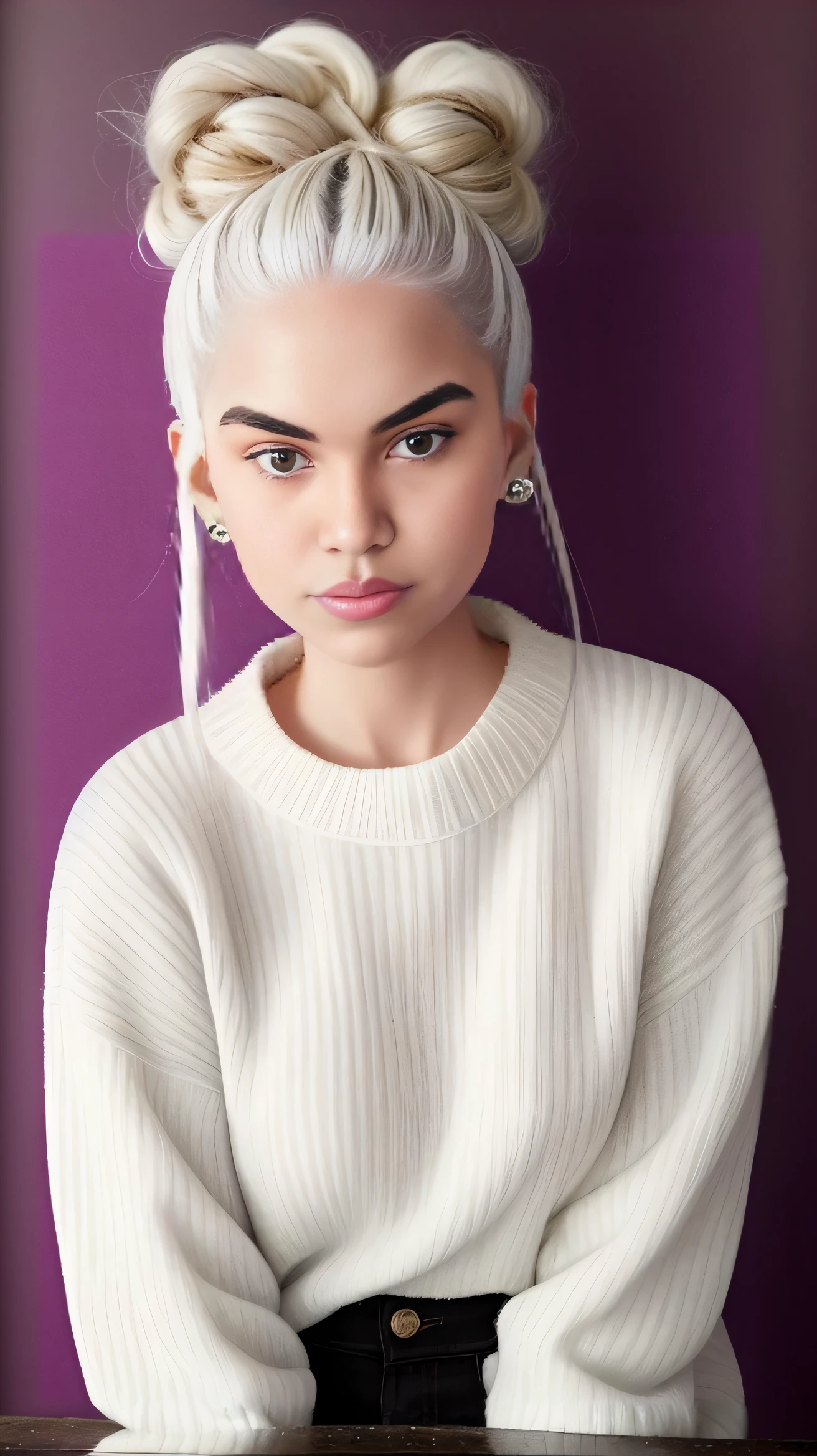 A closeup of a woman in a white sweater and a bun, her hair is white, Eva Elfie, Poarch bonito, white braids, cabelos brancos intensos, Sobrancelhas brancas, white braided hair, an epic non - binary model, cor do cabelo branco, menina com cabelo branco, retrato de alta qualidade, adolescente hiperrealista, menina com cabelo branco curto, Retrato Sophie Mudd