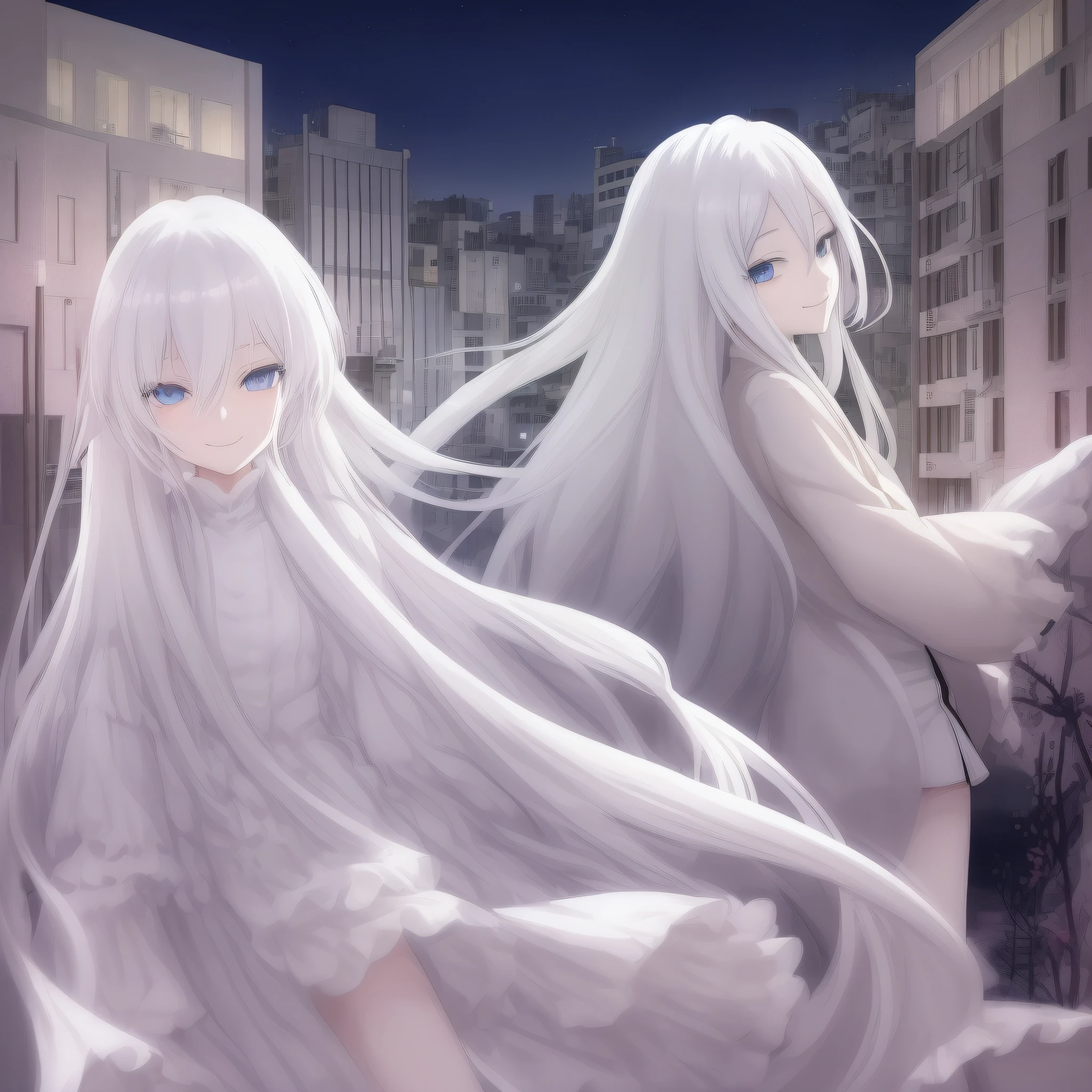 finely、Anime style、in detail、White hair、The long-haired、A smile、Women in Their 20s、The background is a night view、No building、From bottom to top、Blue eyes、alone、1 person only、a miniskirt