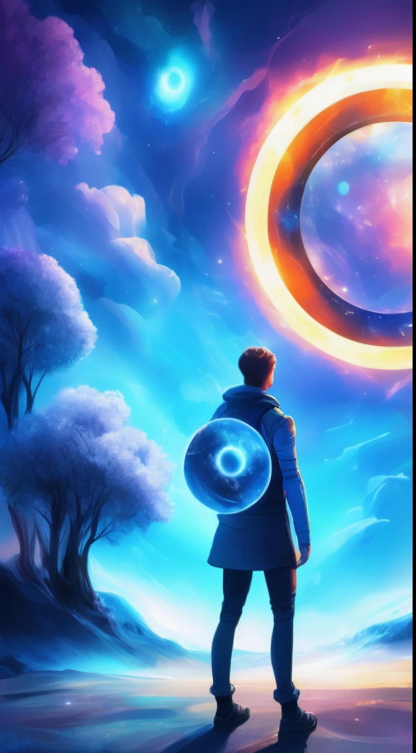 person, standing in front of a space portal overlooking the sun,, gateway to another universe, gateway to another dimension, world, visible only through the portal, High quality fantasy stock photo, portal to another world, portal to outer space, In the style of Cyril Rolando, Looking into space, Universe, Magical Galactic Portal, The Cycle of the Stars, God