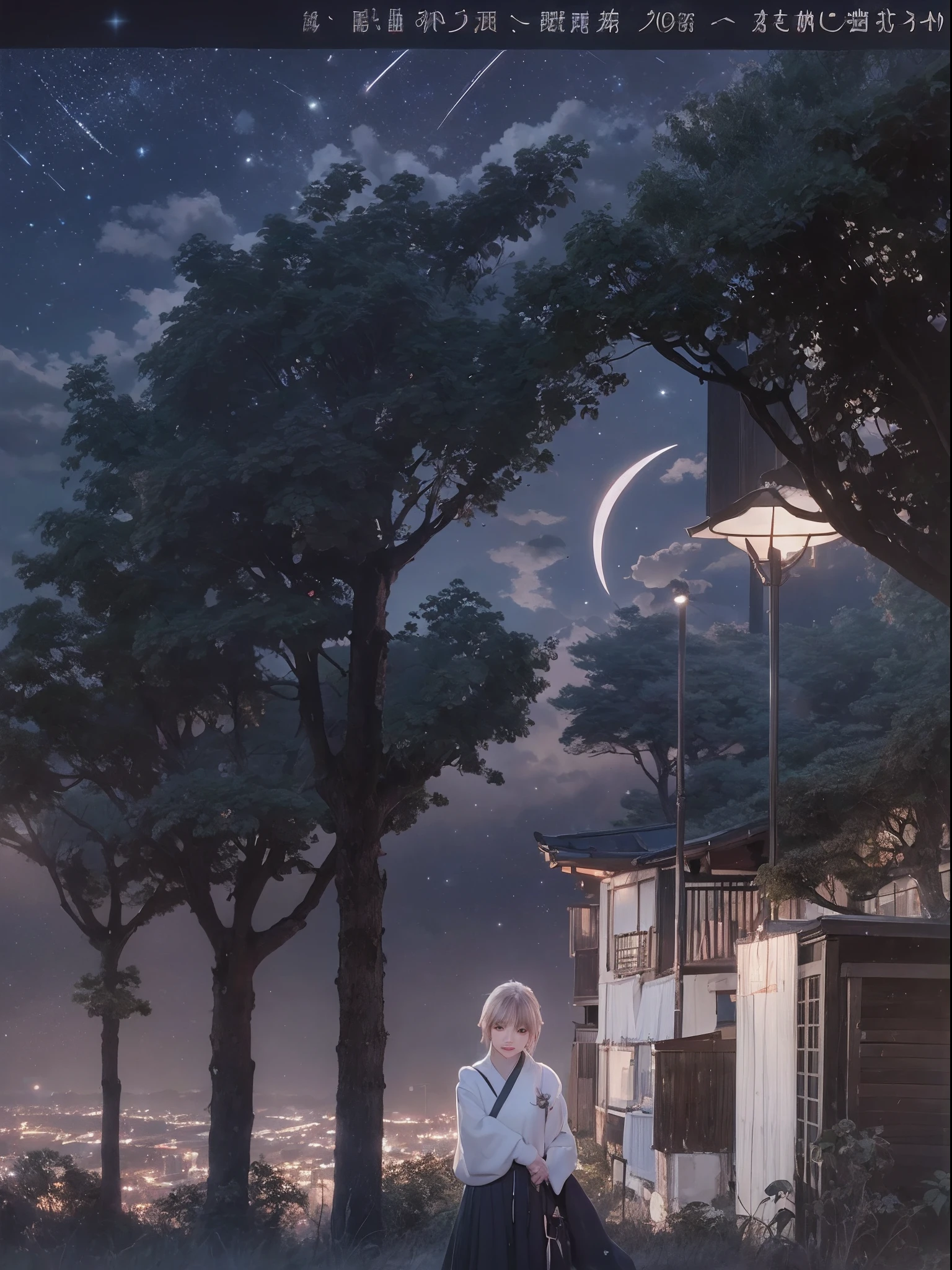 Skysky, As estrelas (Skysky), scenecy, starrysky,themoon, the night, 1girll, nigh sky, 独奏, exteriors, build, Clouds, galactic, sitted, The tree, long whitr hair, 城市, siluette, view over city