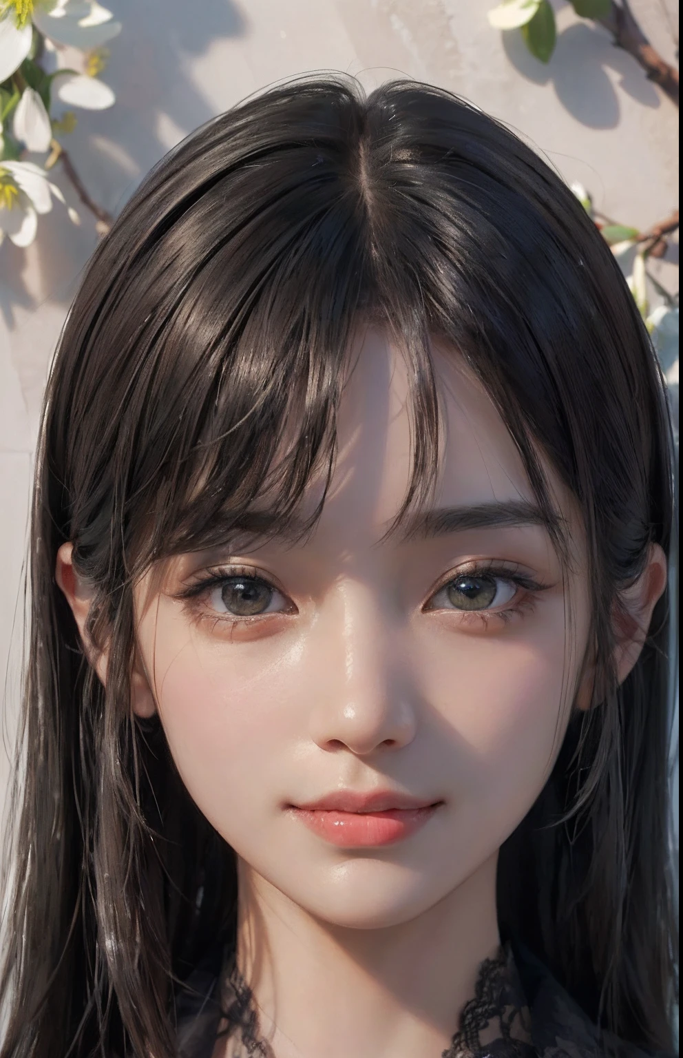 (A hyper-realistic)、(illustratio)、(hight resolution)、(8K)、(ighly detailed)、(Best Illustration)、(beautifully detailed eyes)、(top-quality)、(ultra-detailliert)、(​masterpiece)、(wall-paper）、（A detailed face）、独奏、1 girl in、looking at viewert、fine detailed、A detailed face、pureerosfaceace_v1、a smile、Long、Black shawl straight hair、46-point diagonal bangs