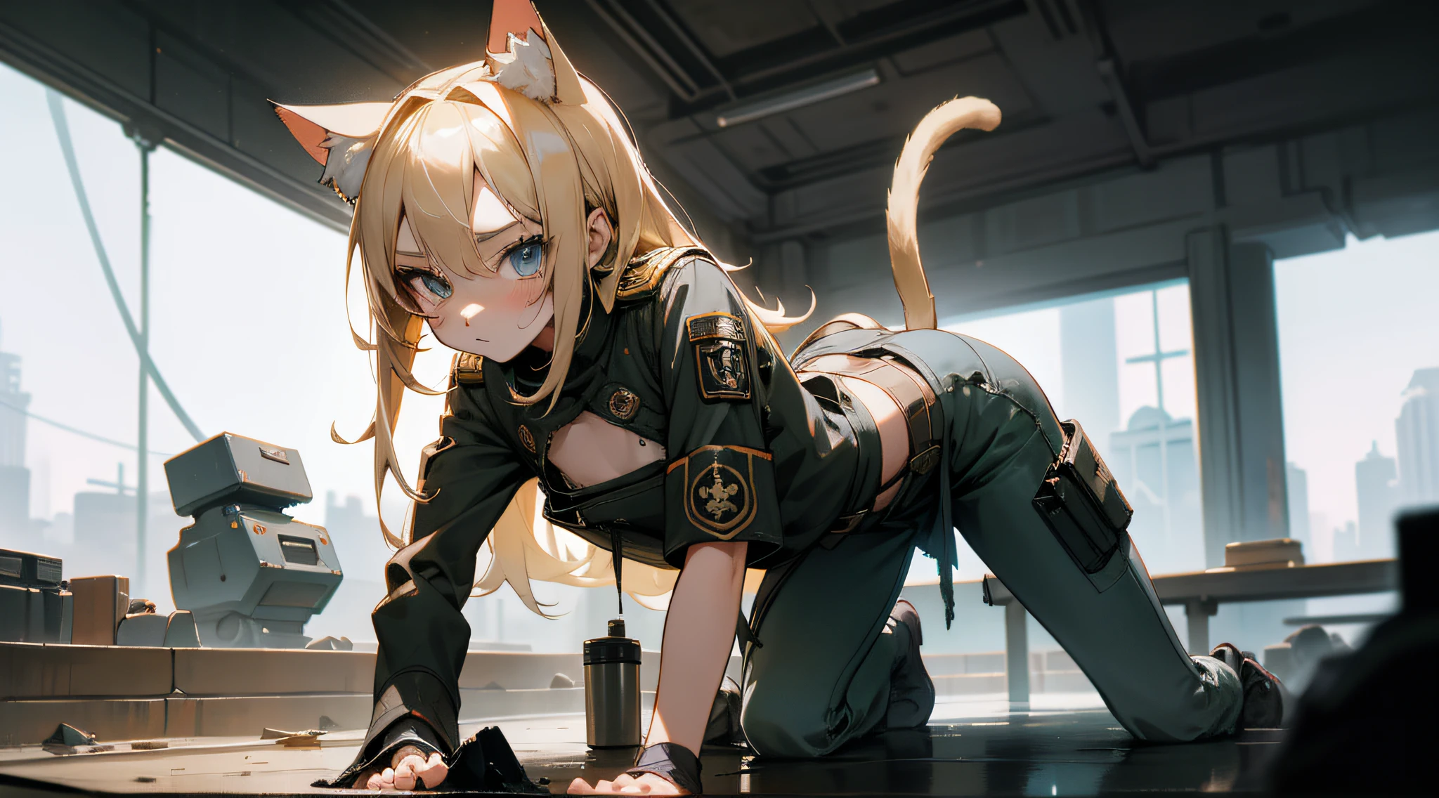 Ukrainian girl , Ukrainian anime girl , The whole body consists of a young girl with messy light blonde hair, Eye makeup, , Cat ears, Soft lighting, Solo, Wear shabby clothes, Dirty, Tattered futuristic military uniform, Cat's paw badge, Pose, spot color, rendering by octane, Ultra-realistic intricate details, Cinematic, 8K resolution, 70mm, emphasis lighting, Global illumination, Full body portrait, clean detailed faces, Complex clothing, Cute face, Flat chest, Slim waist, Slim legs, Small hips