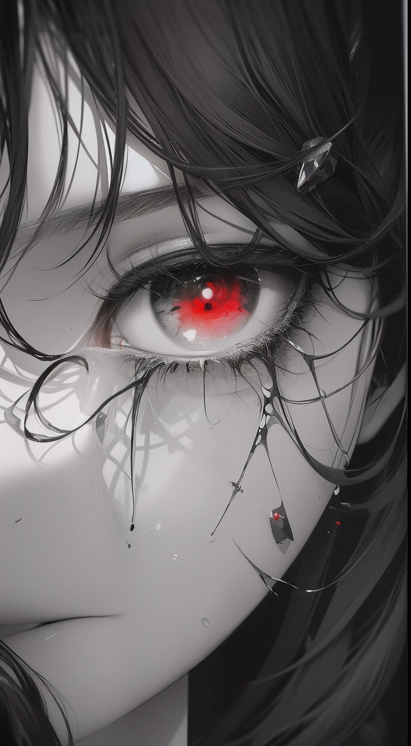 black andwhite,Absolutely beautiful woman,Bust,Broken mirror,Black and white splitting,Red tears,Black and white painting,Broken,sublevel,Black and white,Eroded by darkness and light,对称