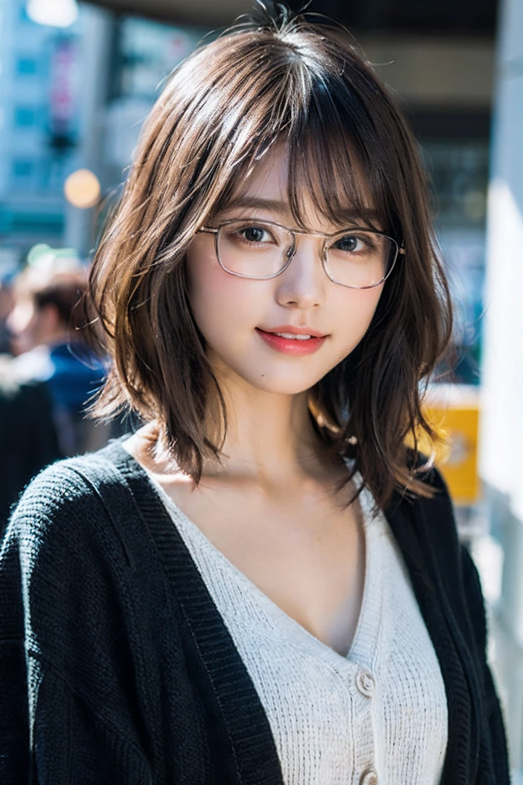 (8K、Raw photography、top-quality、masterpiece:1.2)、(realisitic、Photorealsitic:1.37)、ultra-detailliert、超A high resolution、1人、see the beholder、beautifull detailed face、A smile with a little visible teeth、Constriction、(Slim waist) :1.3)、((Wearing a cardigan))、pastel clothing、Beautiful detailed skin、Skin Texture、Floating hair、((short-hair))、large breasts with good shape、Professional Lighting、In front of the station at noon、((Black square glasses))、Whole human body、Black hair、((Have a small handbag))、one hand waving、