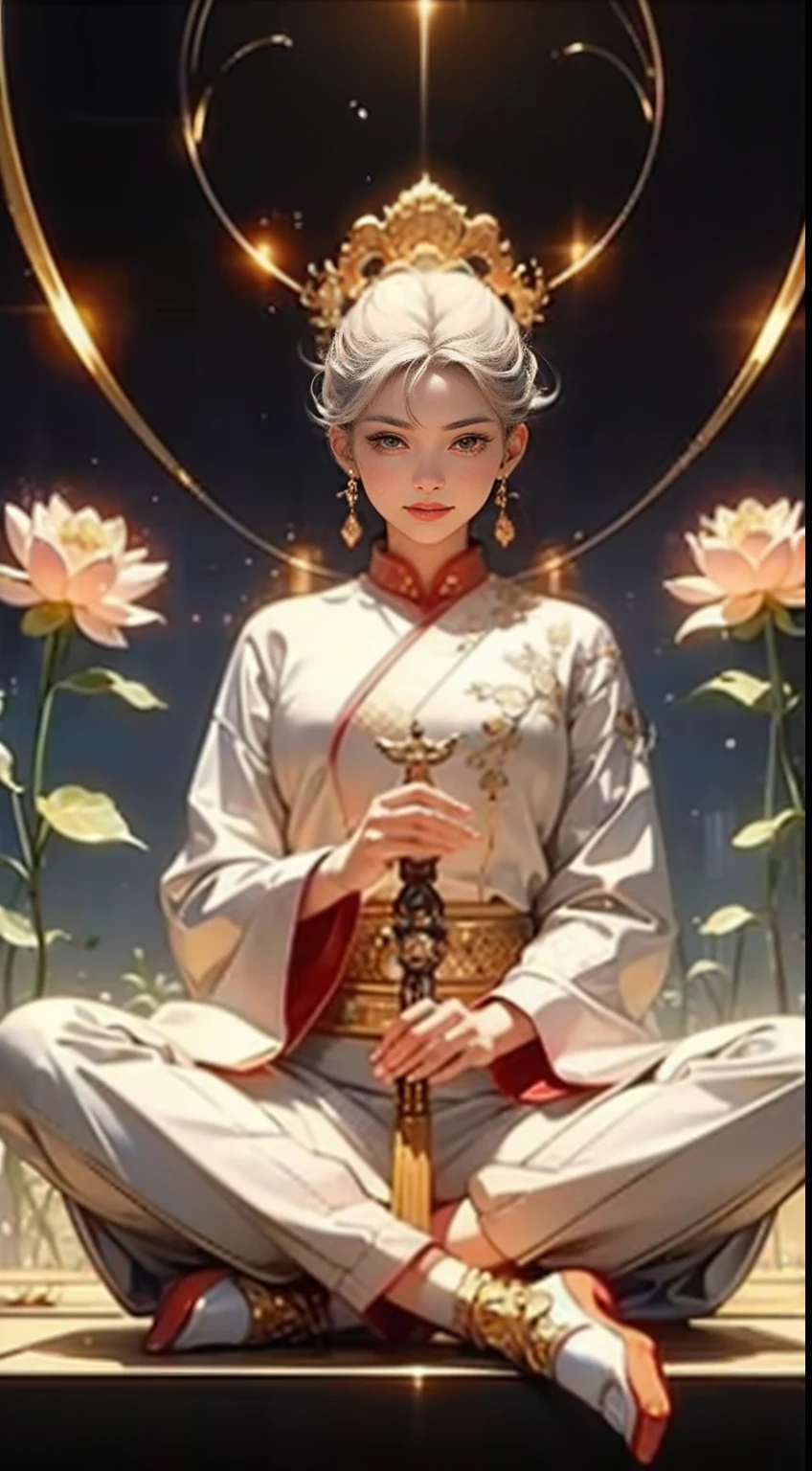 (Chinese immortals), (Buddhism), Multip_Hands,(mythological stories), (bodhisattva), She sits on a lotus, (Three hands on the left,Three hands on the right, Each hand holds a different Buddhist vessel, left right symmetry),(Delicate and beautiful face), (White silk robe)sitting on a lotus flower, Frontal photo,Light smile, neo-classical, OP Art