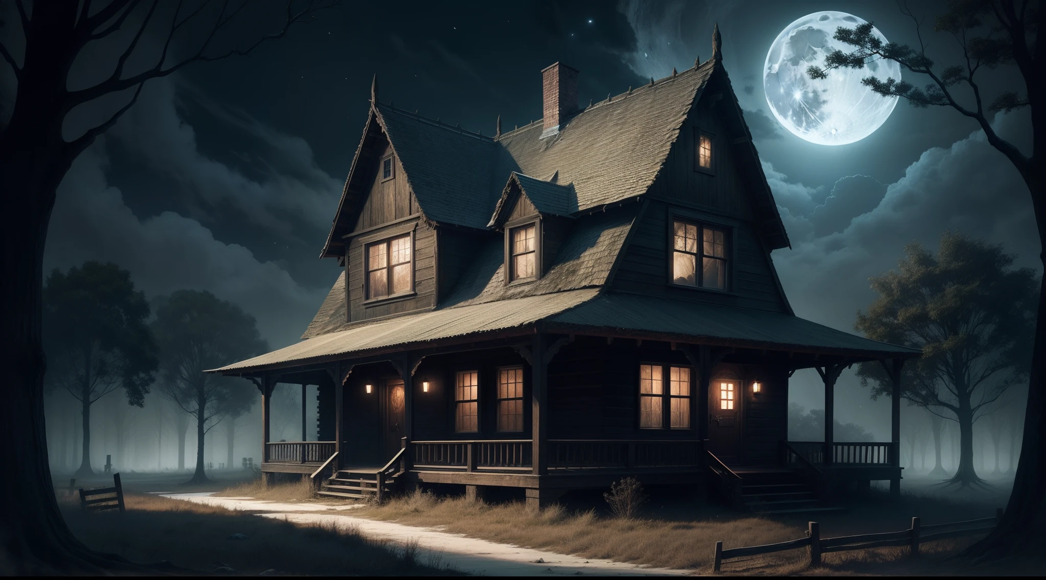 horror book cover, old, spooky wooden house, night roar, full moon