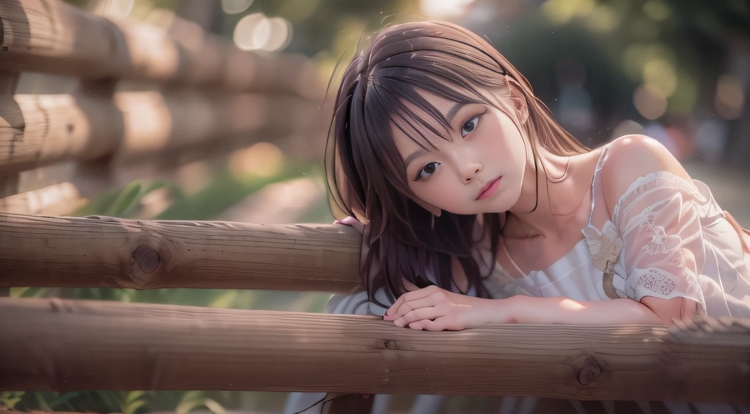 Woman lying on wooden fence in park, photo taken with sony a7r, Realistic Young Gravure Idol, Anime. Soft lighting, taken with canon eos 5 d mark iv, Photograph Taken on Nikon D750, Photo taken with Nikon D 7 5 0, the face of a beautiful Japanese girl, Engaging pose, taken with canon 5d mk4